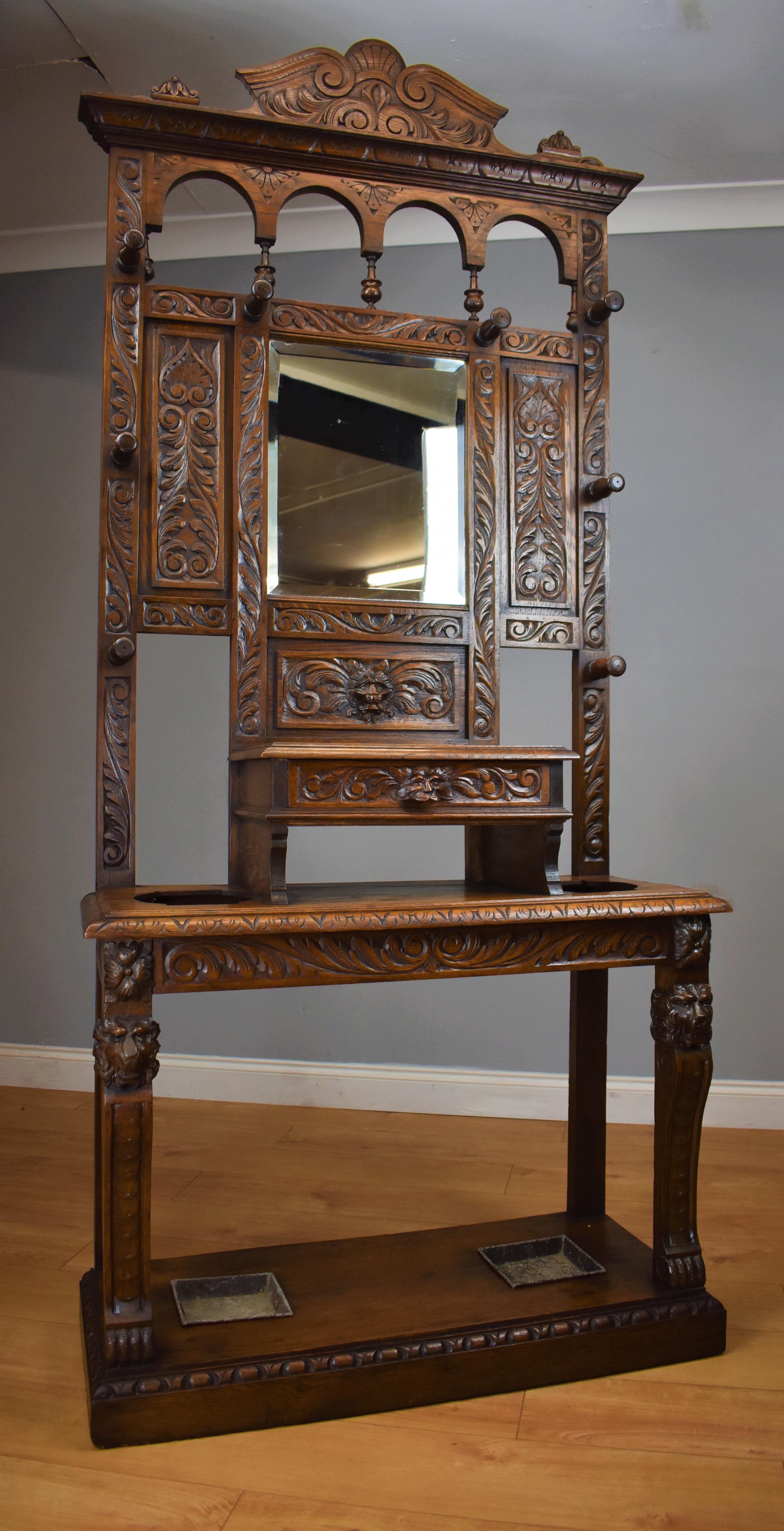 19th Century Carved Oak Flemish Style Hall Stand 15