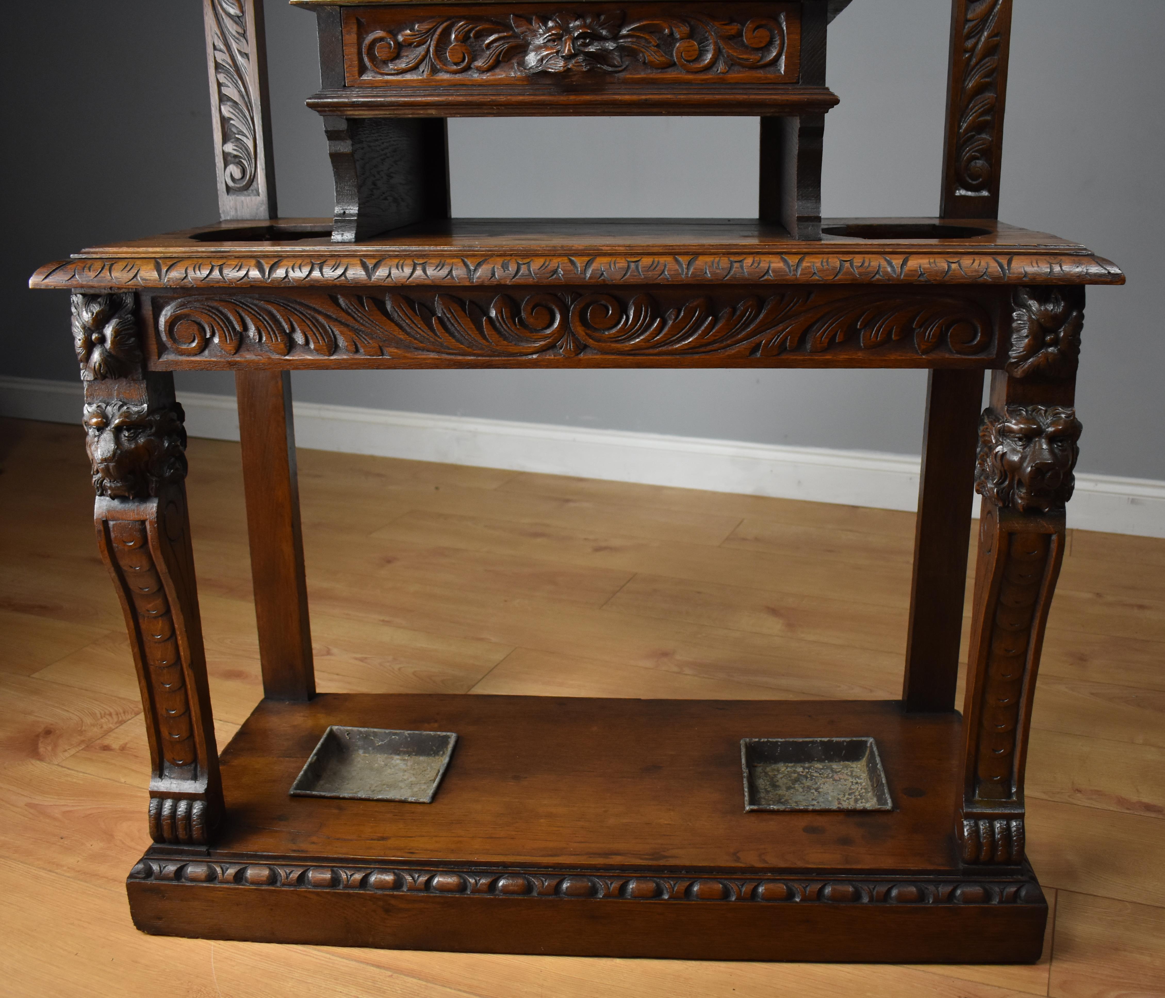 19th Century Carved Oak Flemish Style Hall Stand 3