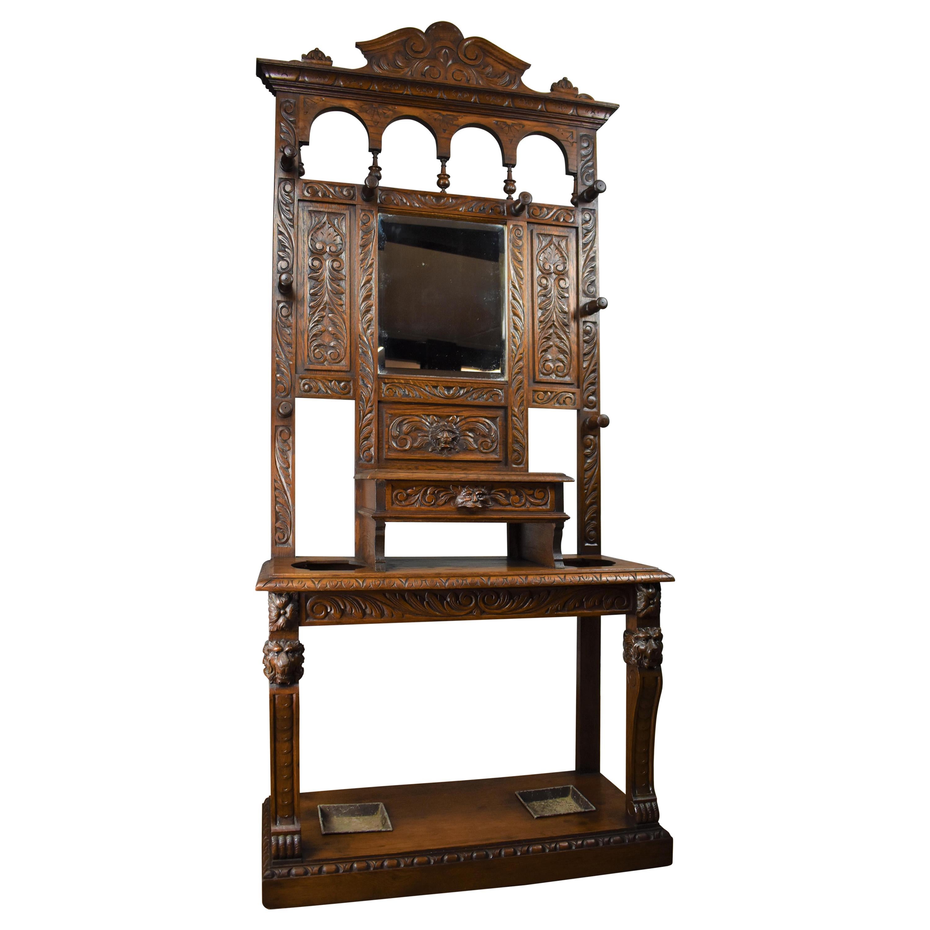 19th Century Carved Oak Flemish Style Hall Stand