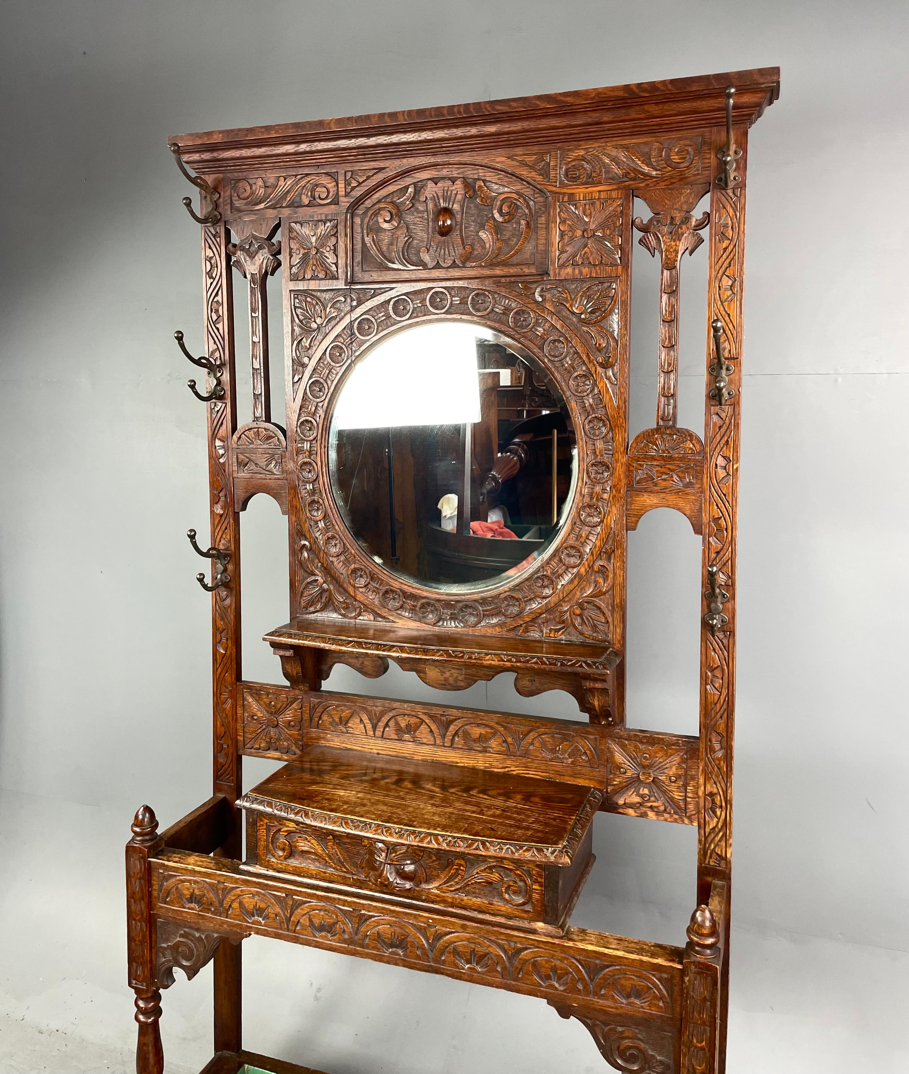 Jacobean 19th century carved oak green man hall tree stand