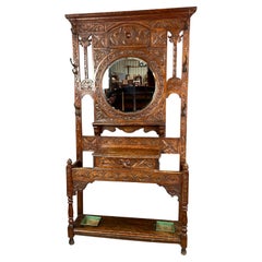 19th century carved oak green man hall tree stand 
