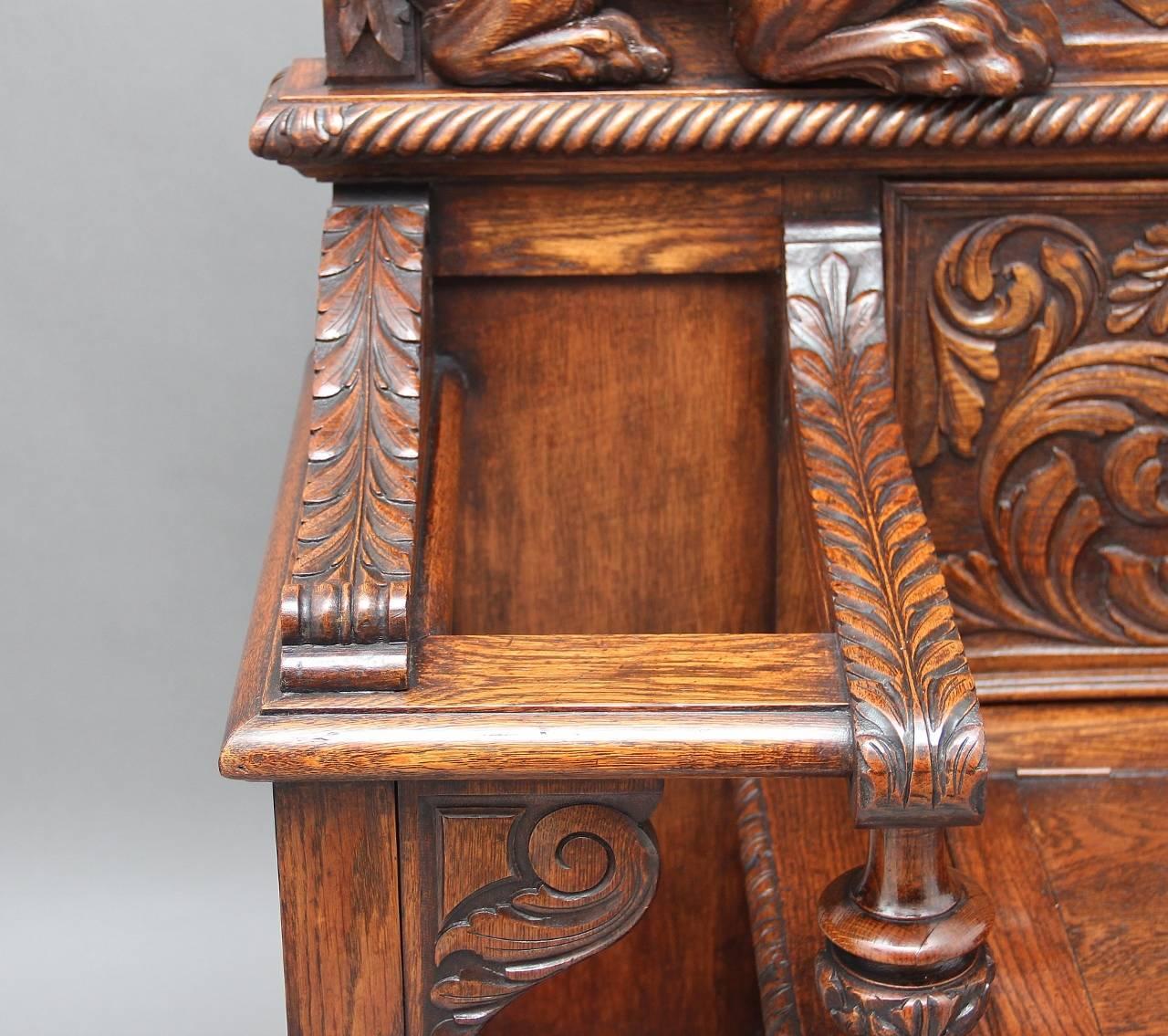19th Century Carved Oak Hall Bench 6