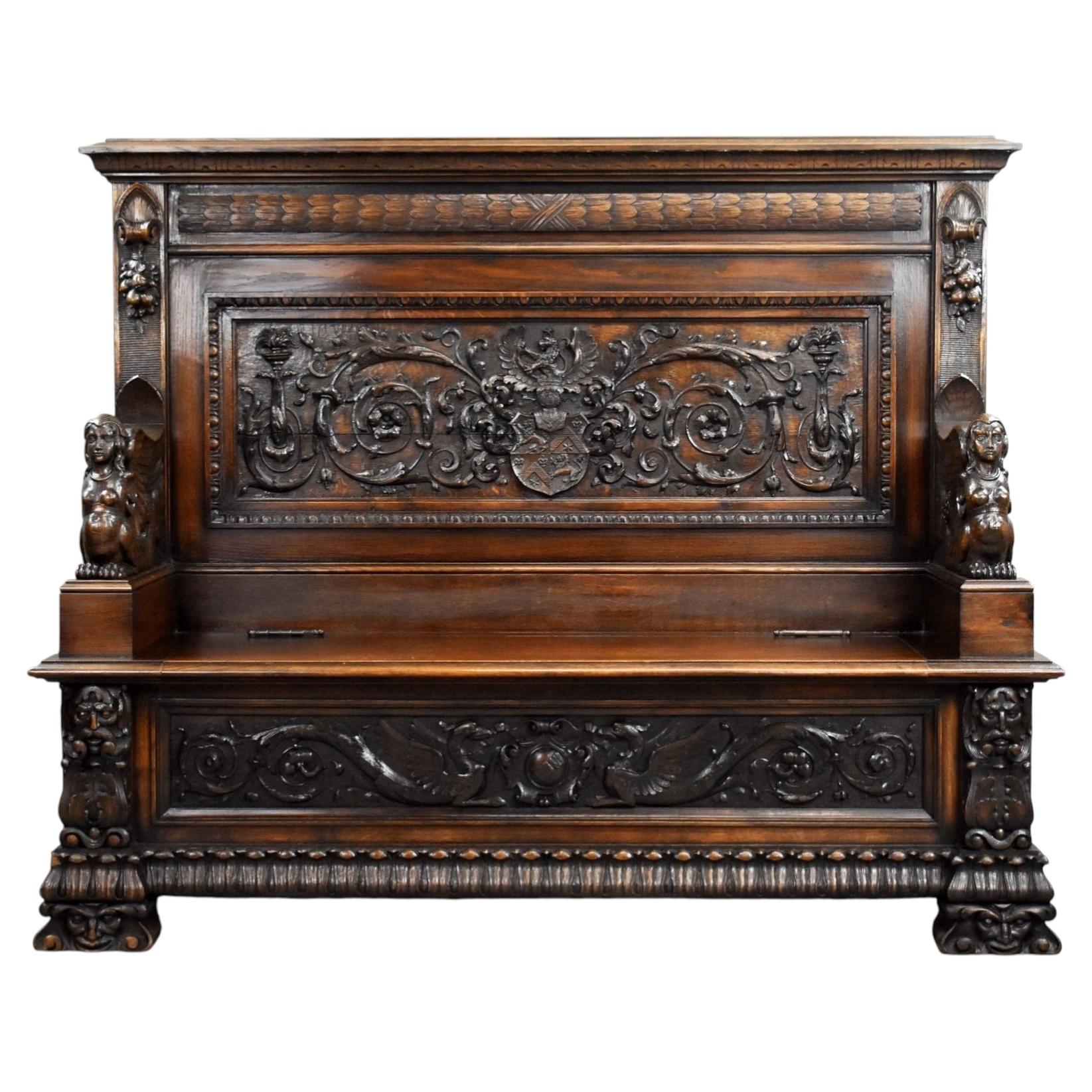 19th Century Carved Oak Hall Bench