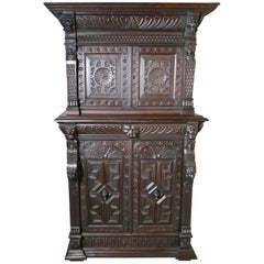 Antique 19th Century Carved Oak Housekeepers or Hall Cupboard
