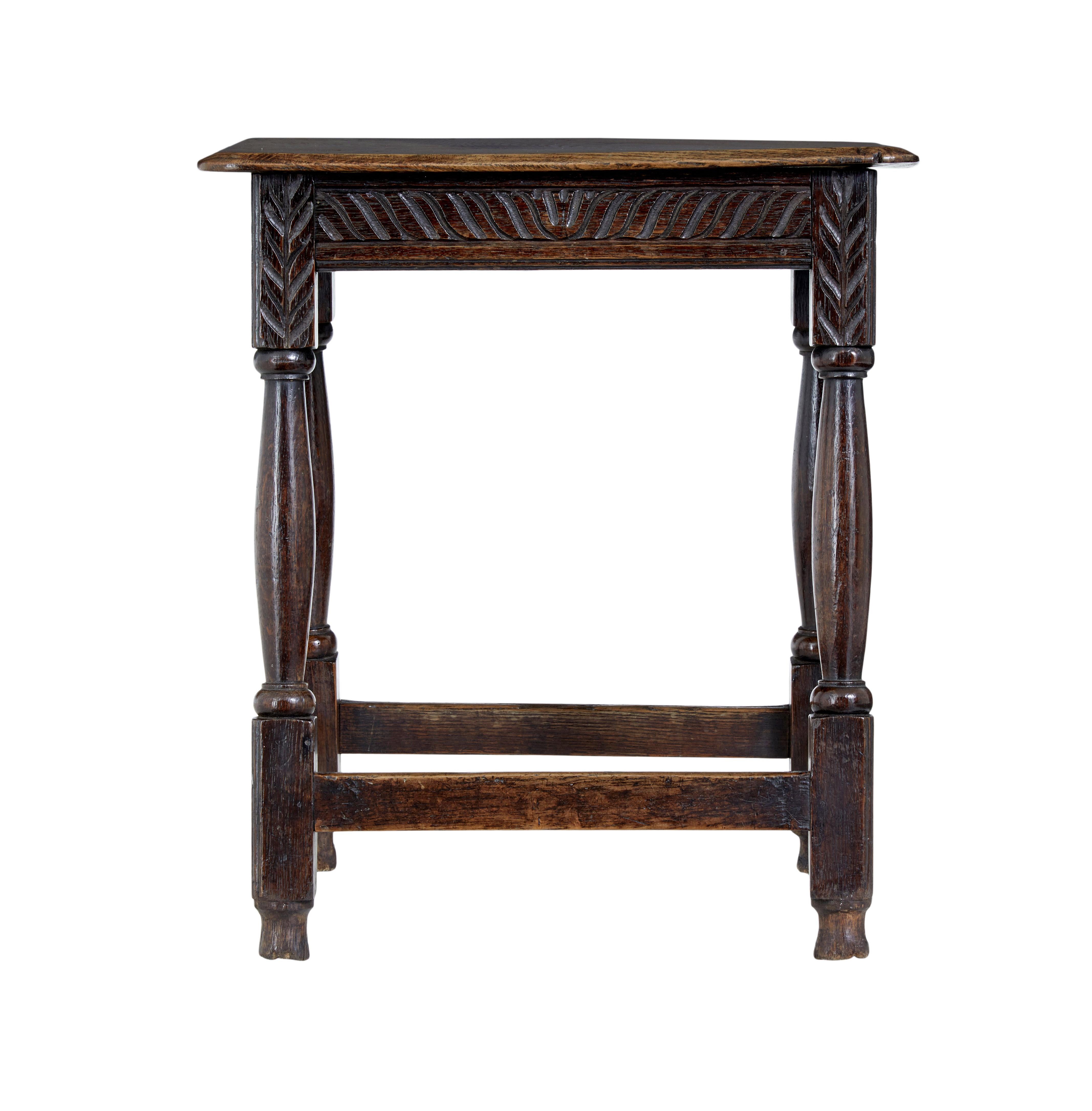 19th century carved oak joint stool circa 1890.

Good quality victorian joint stool of useful proportions.  Due to the height this stool can either be used for it's original purpose or a side table.

Earlier oak top with stunning colour and