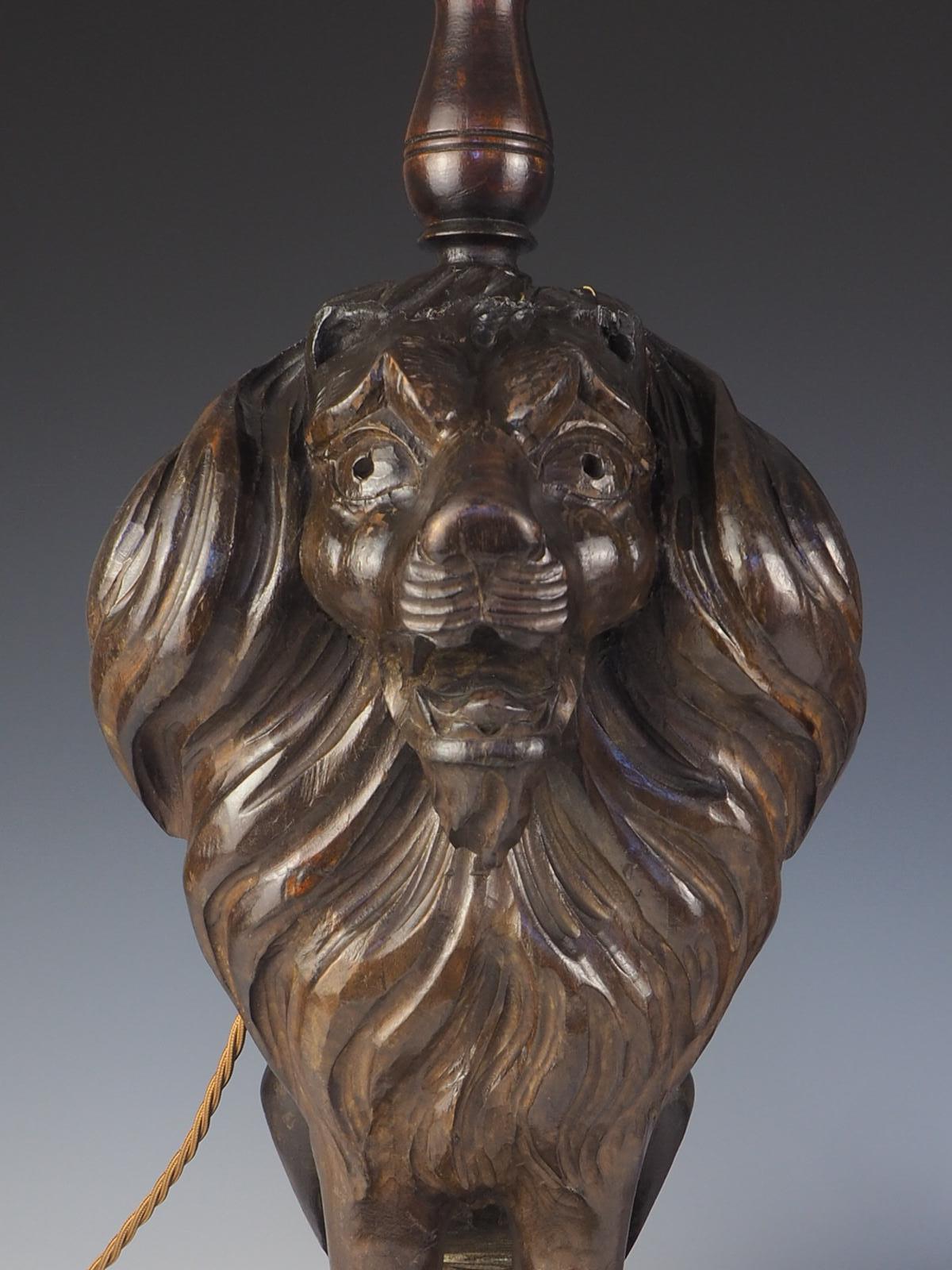 19th Century Carved Oak Lion Table Lamps For Sale 5