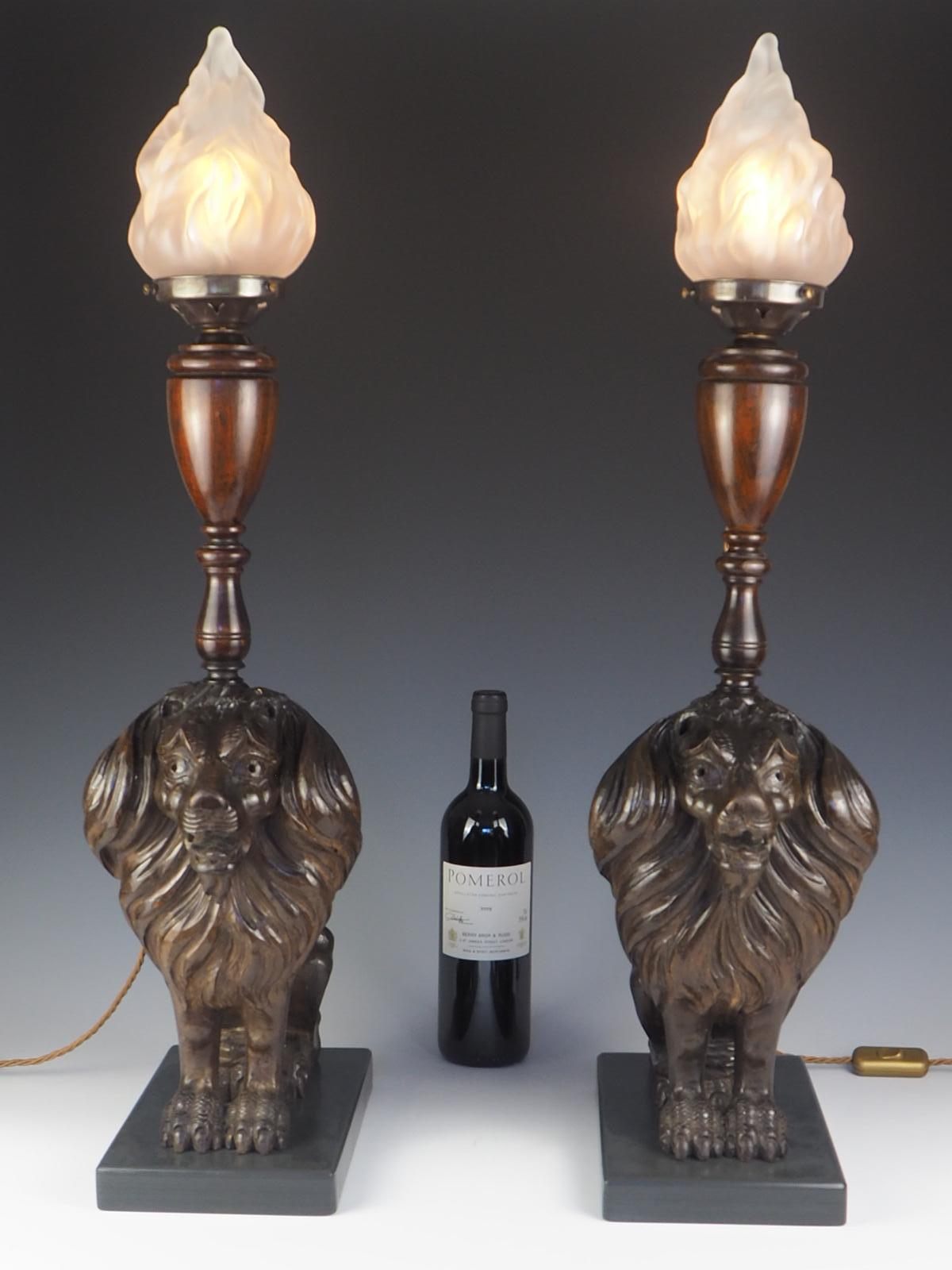 British 19th Century Carved Oak Lion Table Lamps For Sale