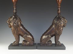 Carved Oak Lion Table Lamps, 19th Century, Slate Base, Antique Pair