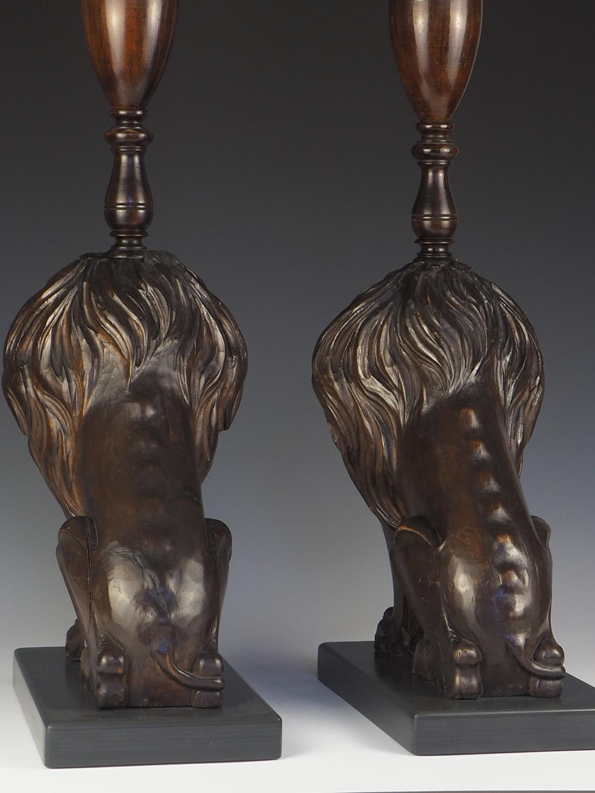 19th Century Carved Oak Lion Table Lamps In Good Condition For Sale In Lincoln, GB