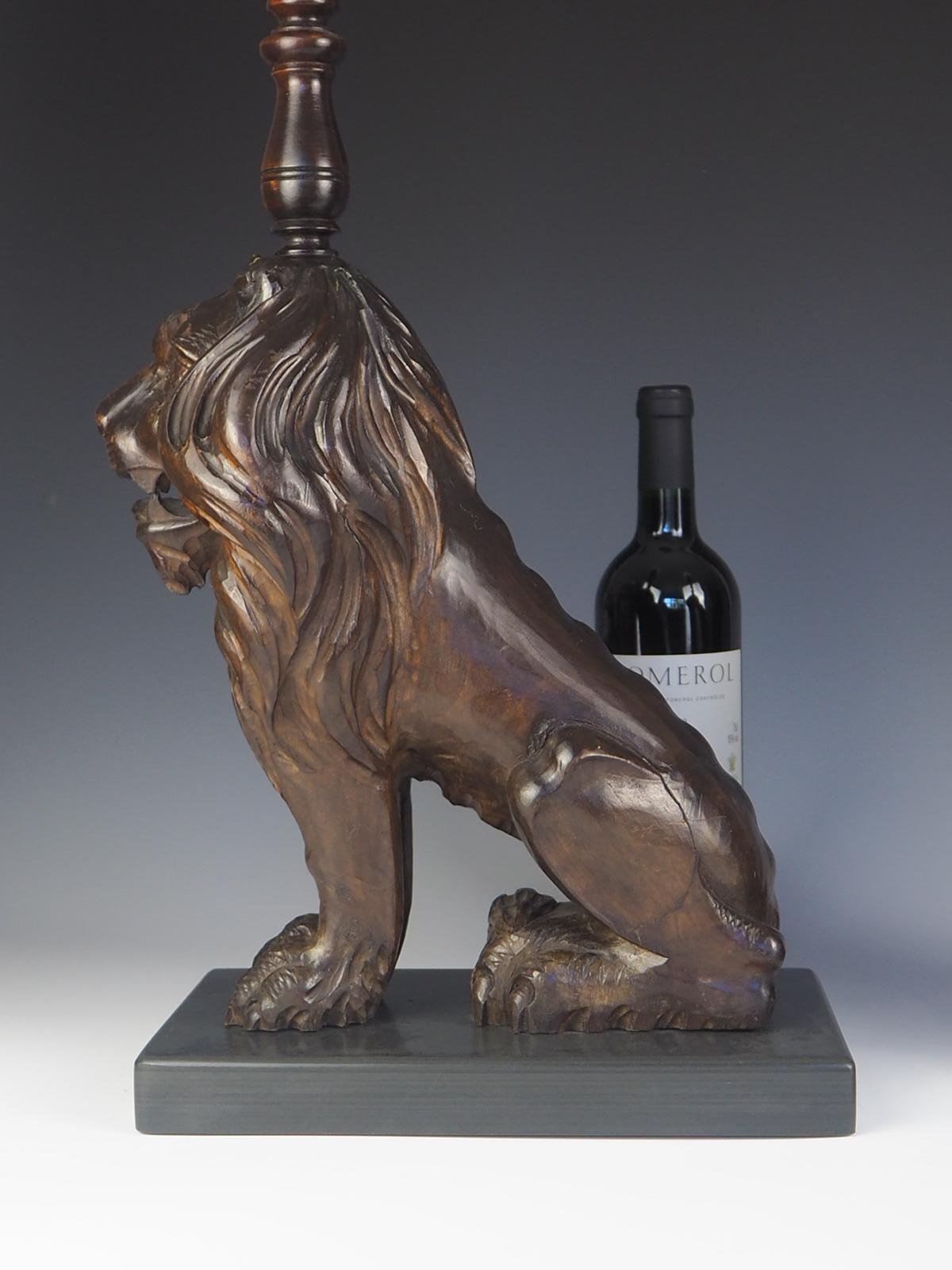 Slate 19th Century Carved Oak Lion Table Lamps For Sale