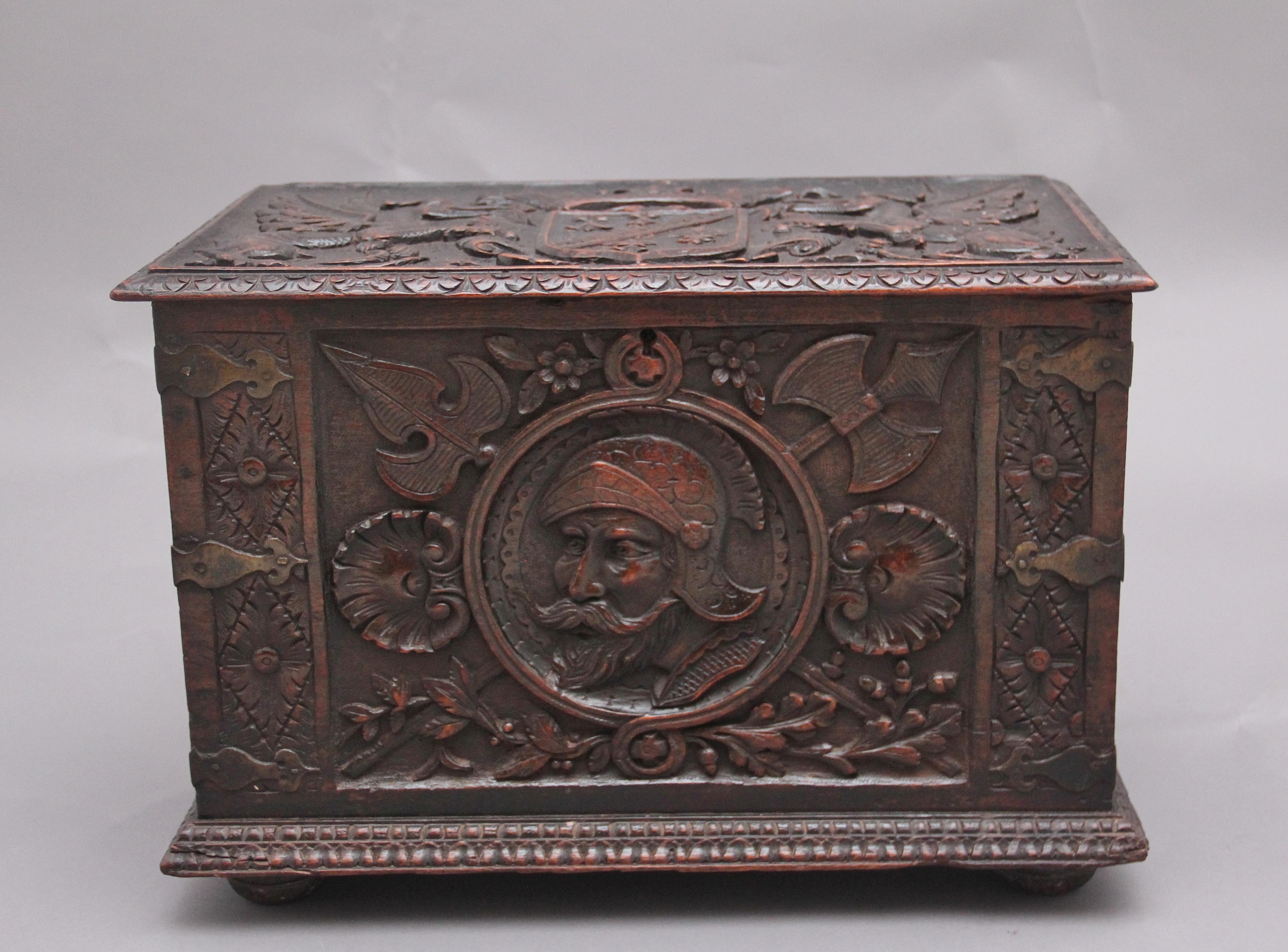 Early Victorian 19th Century Carved Oak Log Box For Sale
