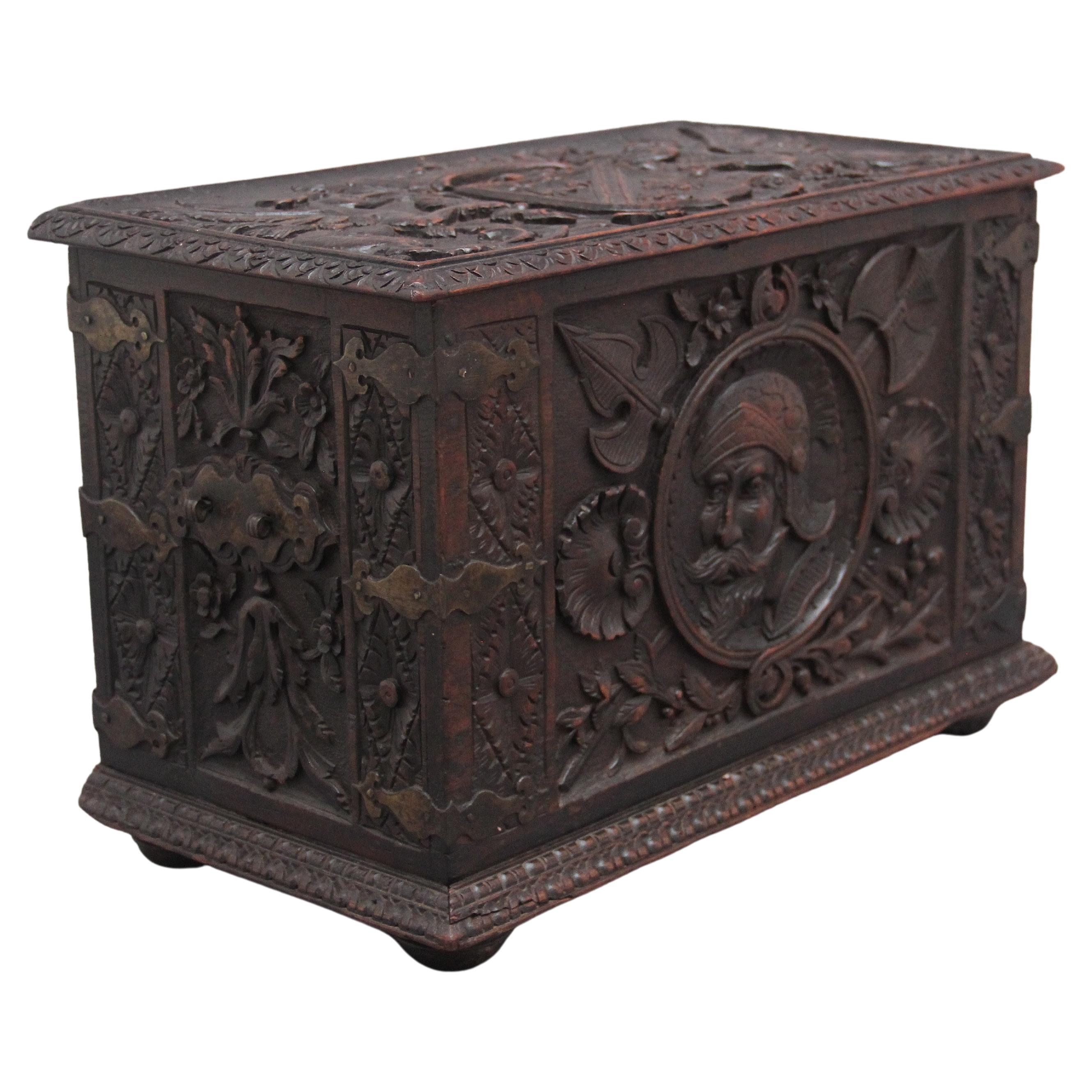 19th Century Carved Oak Log Box For Sale