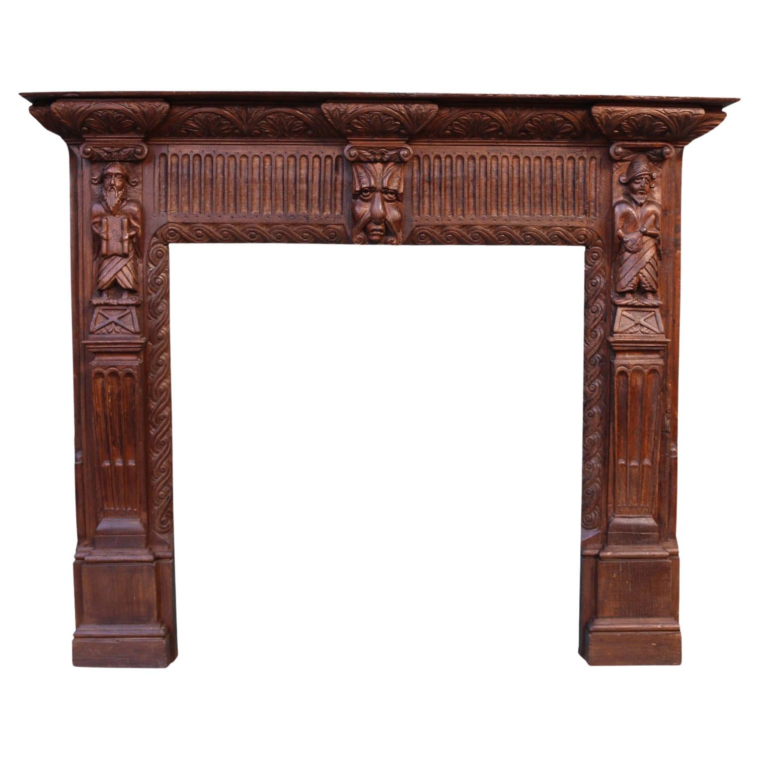 19th Century Carved Oak Mantel For Sale
