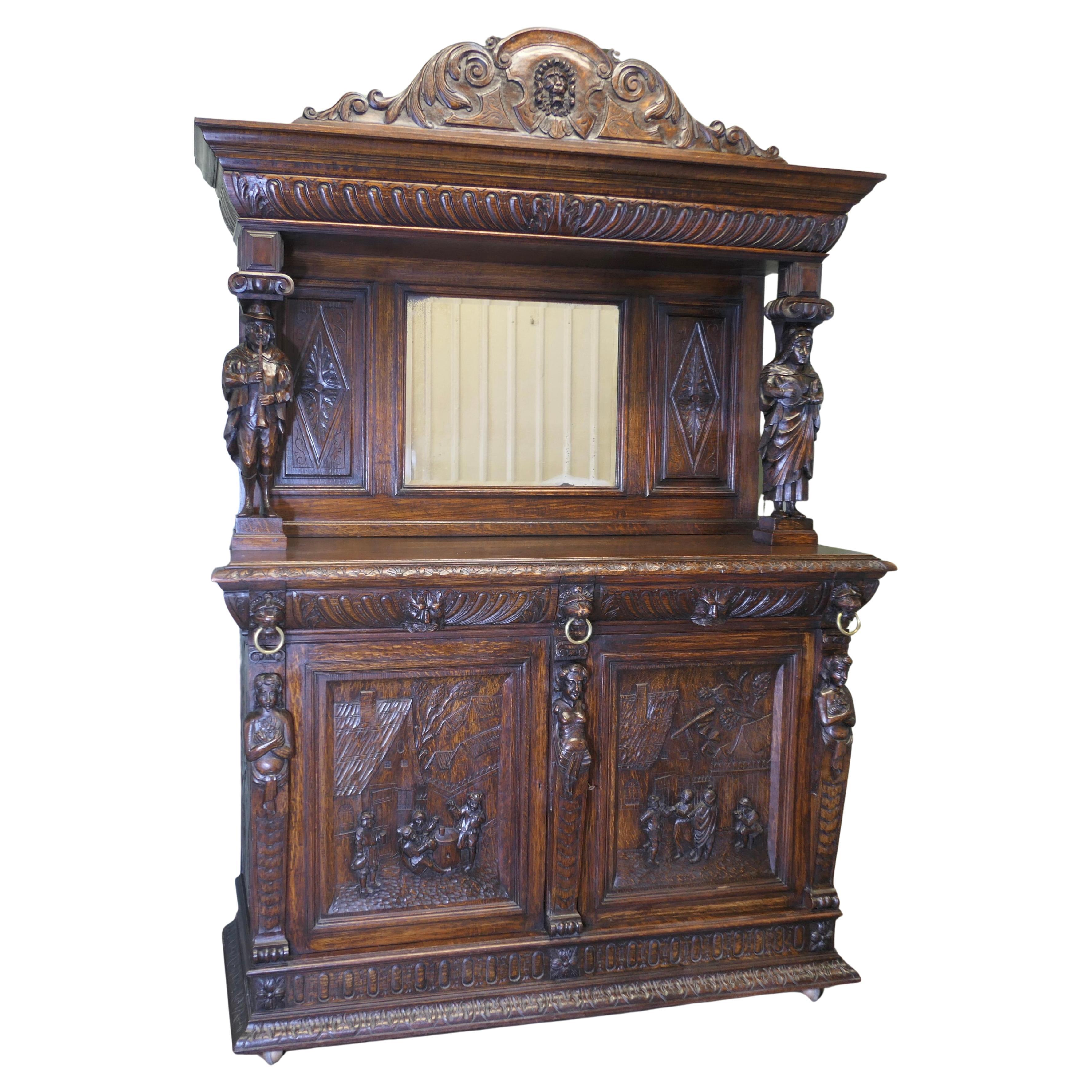 Comò con schienale a specchio in Oak intagliato del XIX secolo con intagli di Greene & Greene in vendita