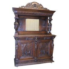Comò con schienale a specchio in Oak intagliato del XIX secolo con intagli di Greene & Greene