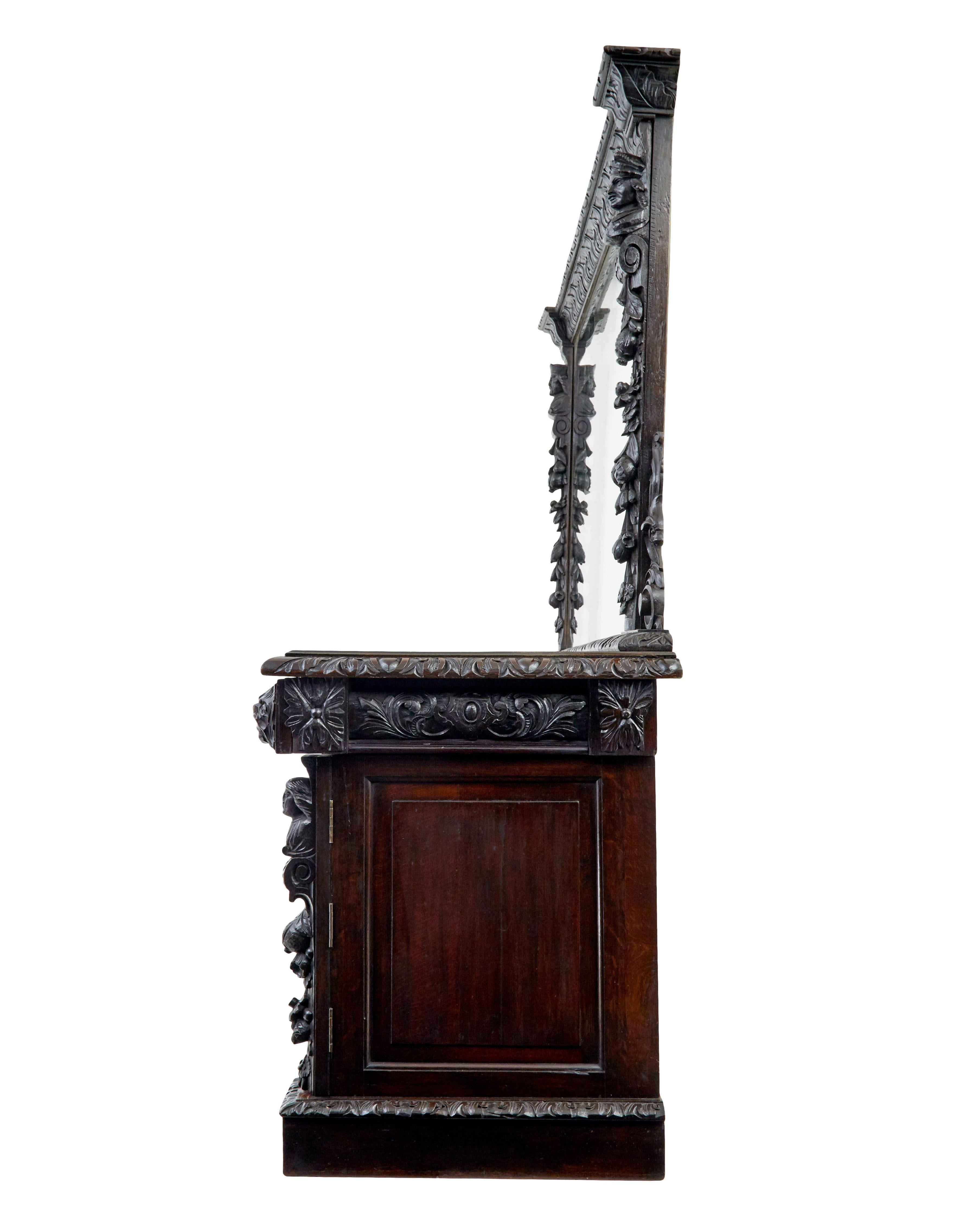 19th Century carved oak mirrored sideboard of grand proportions In Good Condition For Sale In Debenham, Suffolk