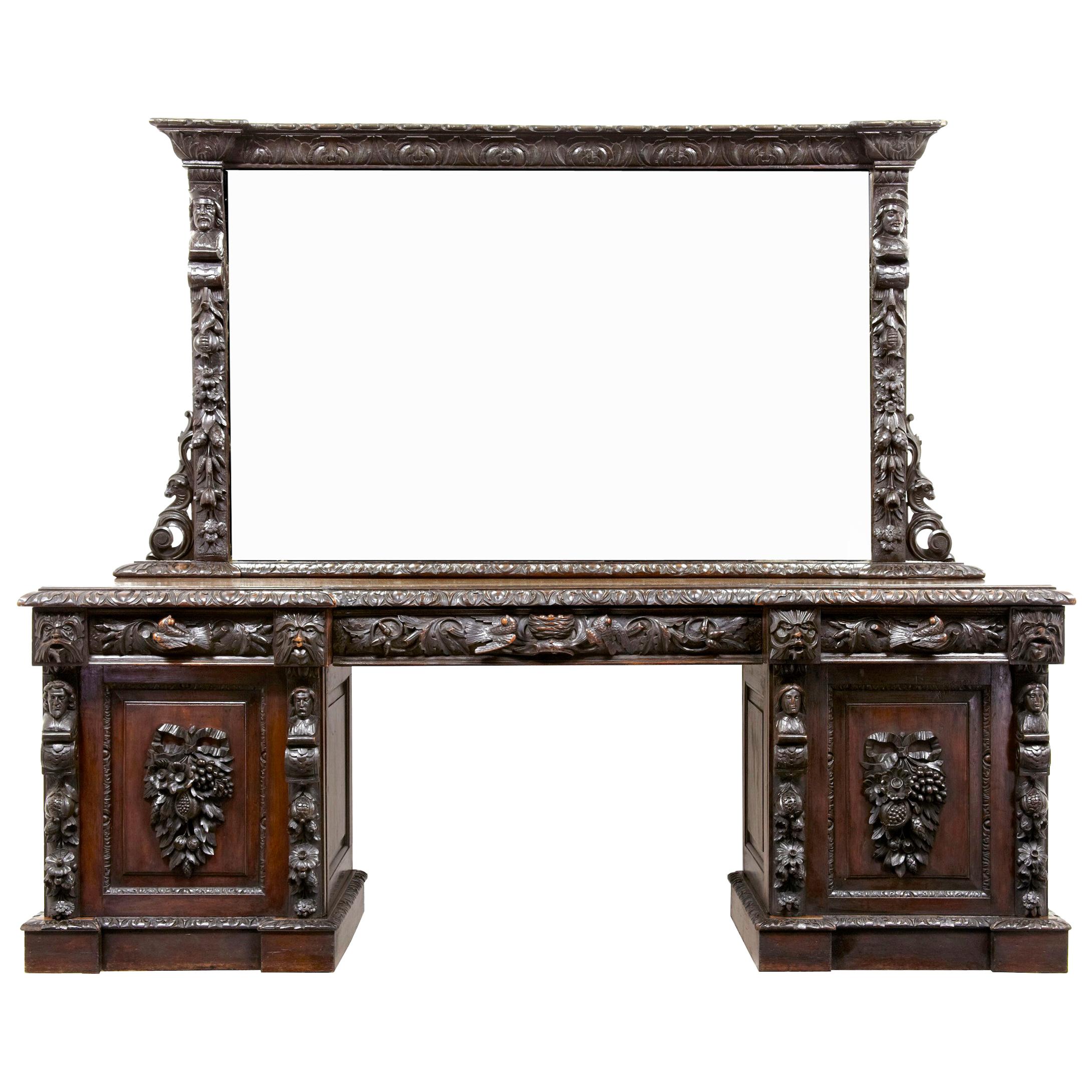 19th Century Carved Oak Mirrored Sideboard of Grand Proportions