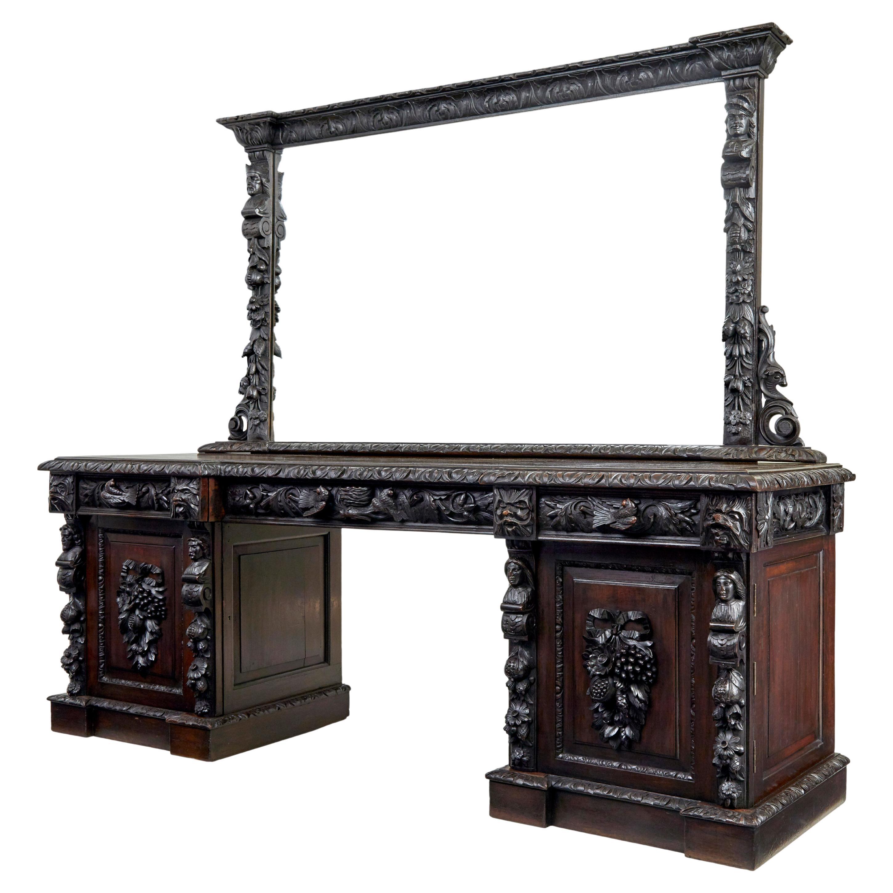 19th century carved oak mirrored sideboard of grand proportions For Sale