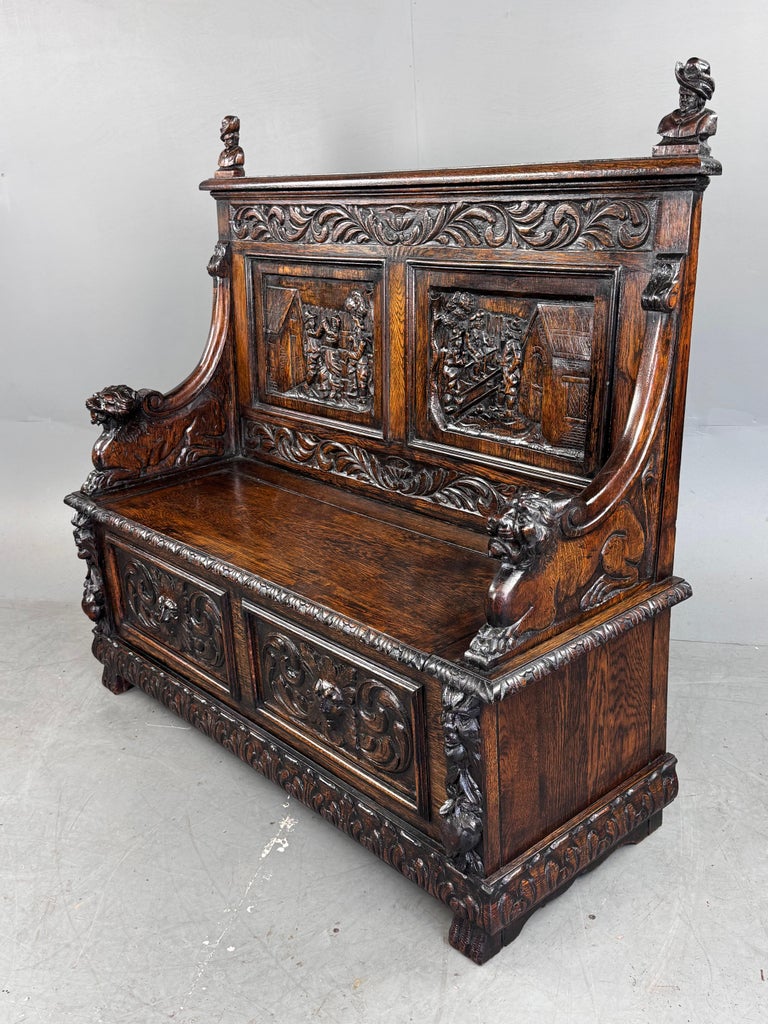 19th century carved oak monks bench settle at 1stDibs