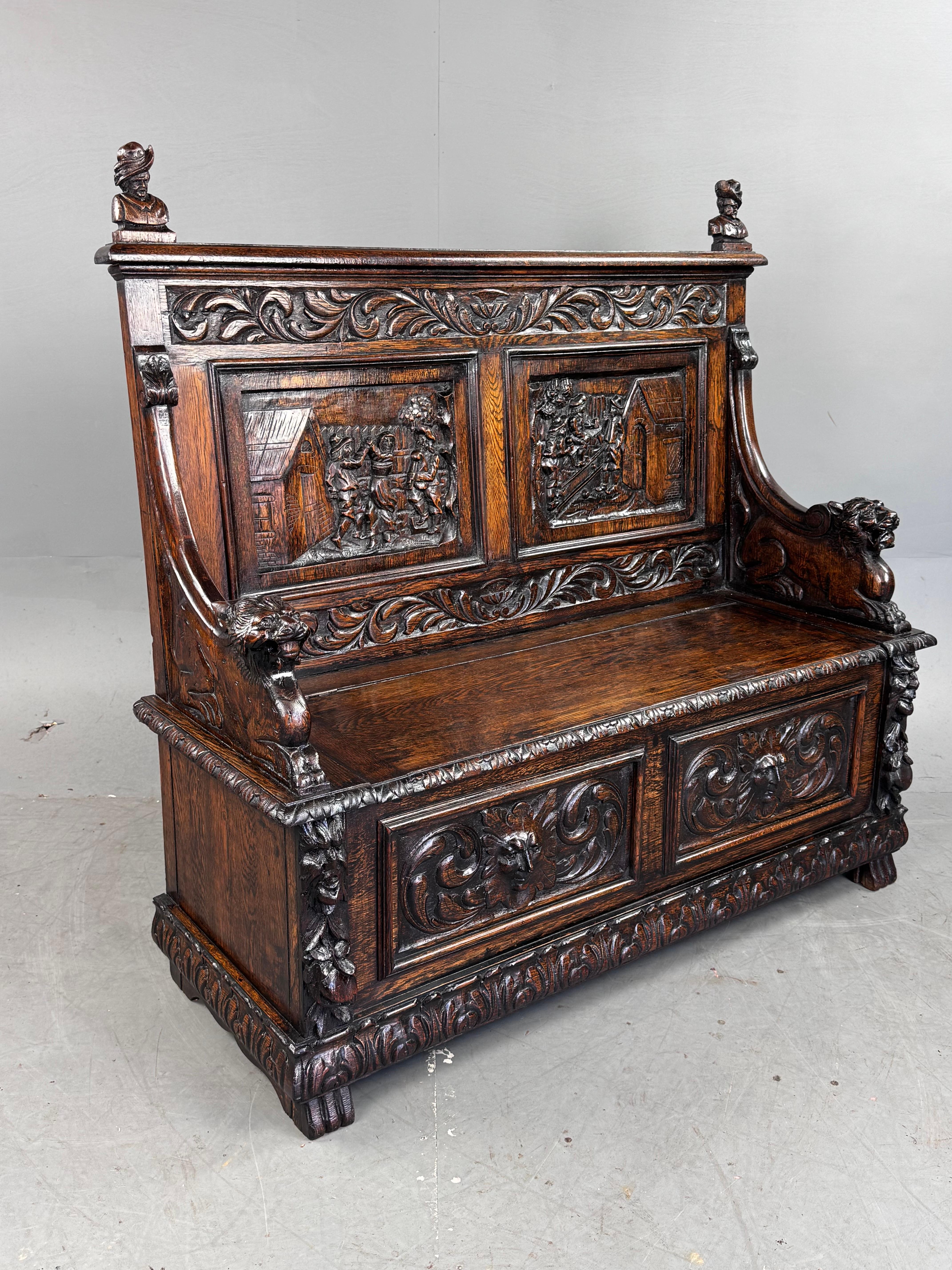 Black Forest 19th century carved oak monks bench settle