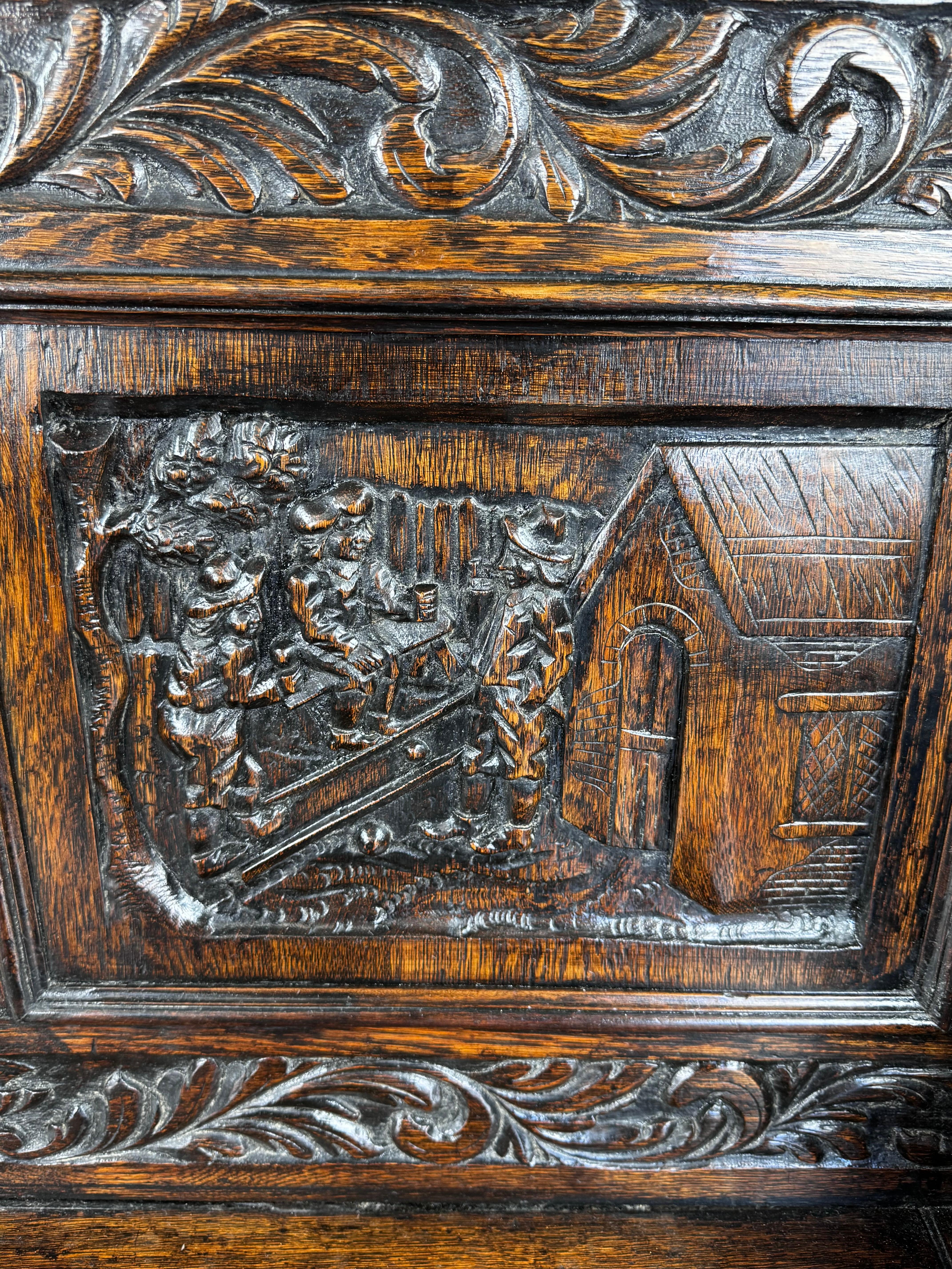19th century carved oak monks bench settle In Good Condition In Chelmsford, GB
