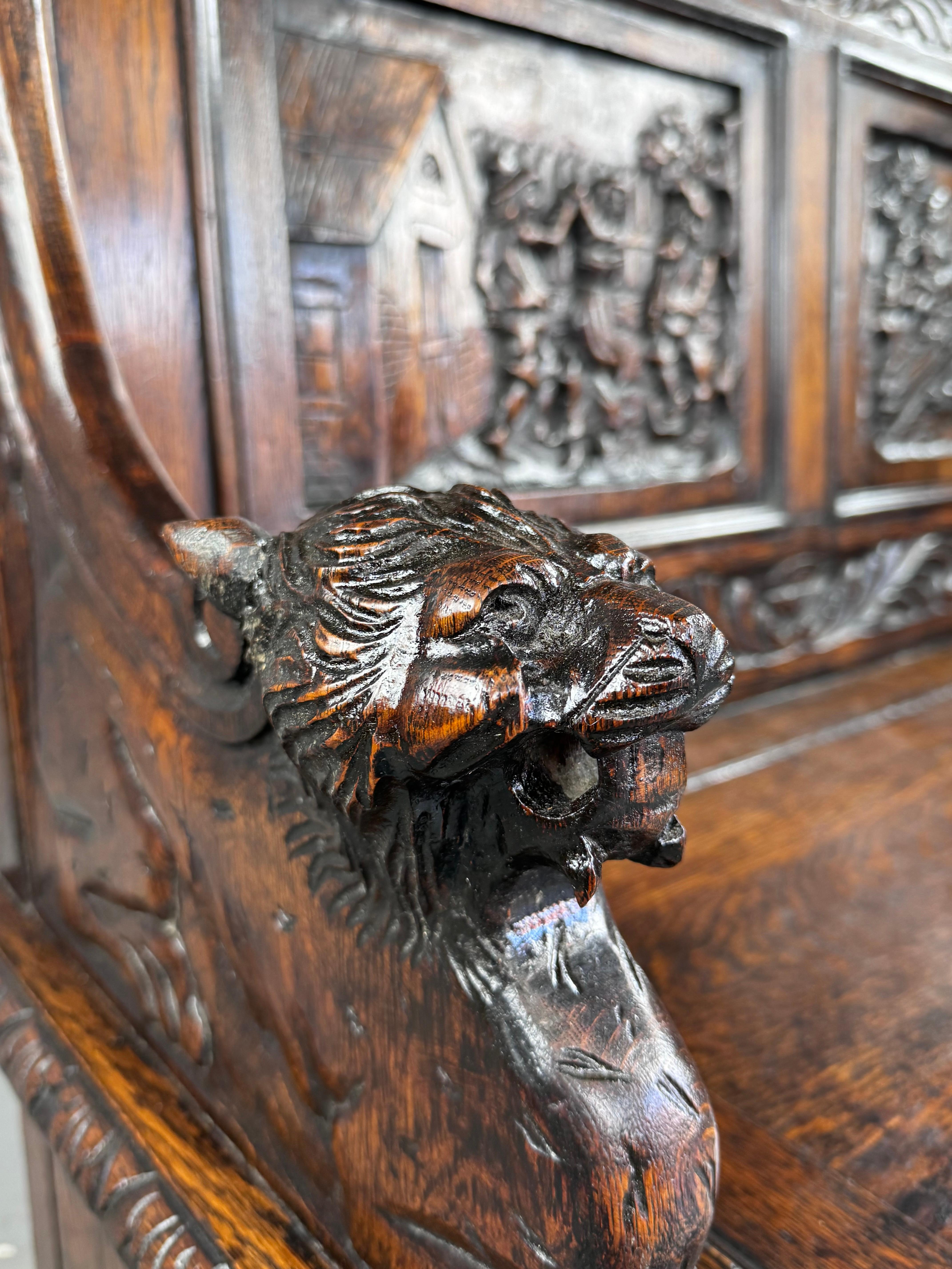 Oak 19th century carved oak monks bench settle