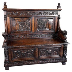 19th century carved oak monks bench settle