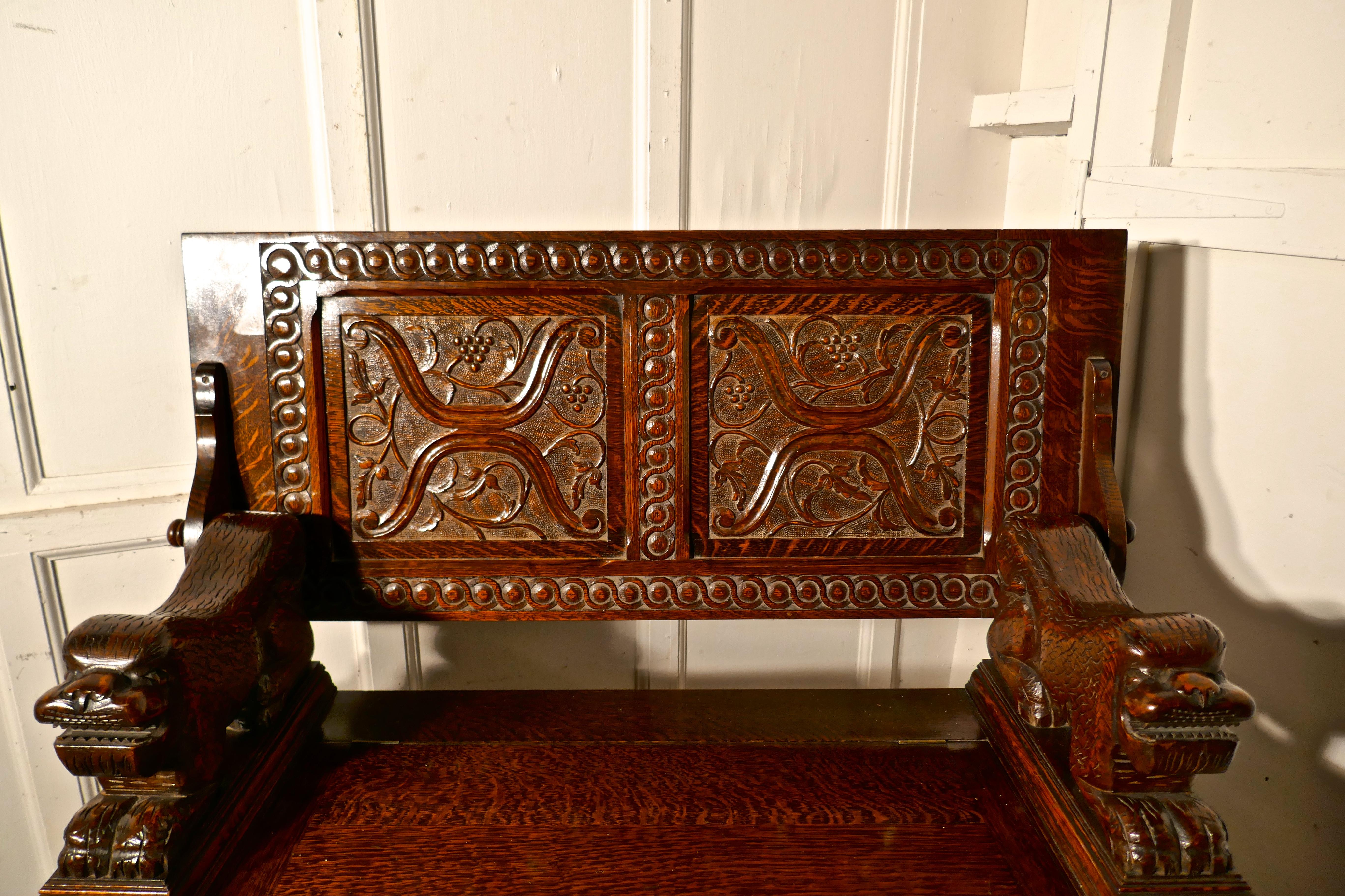 19th Century Carved Oak Monks Bench Settle, Hall Table 1