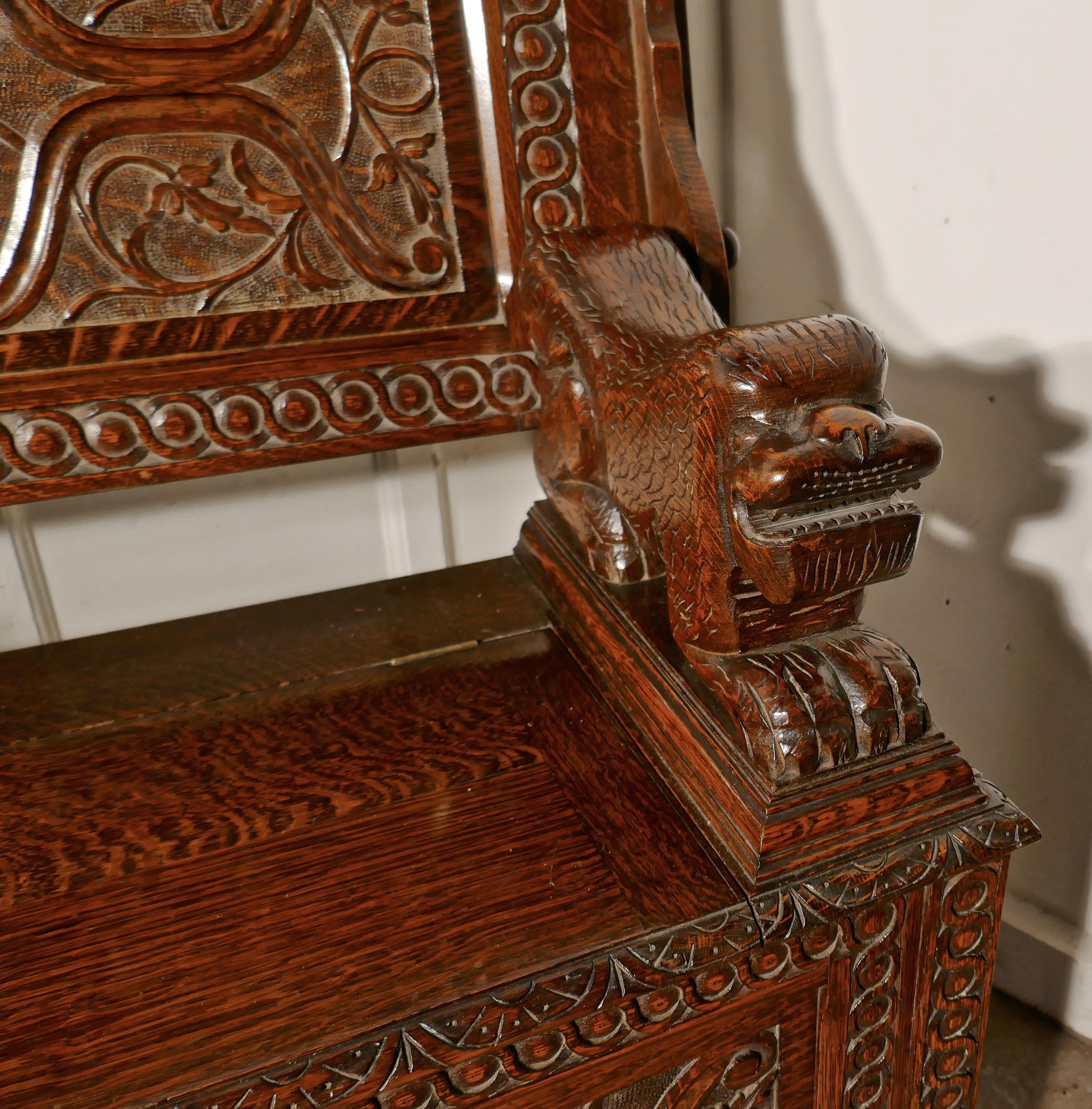 19th Century Carved Oak Monks Bench Settle, Hall Table 3