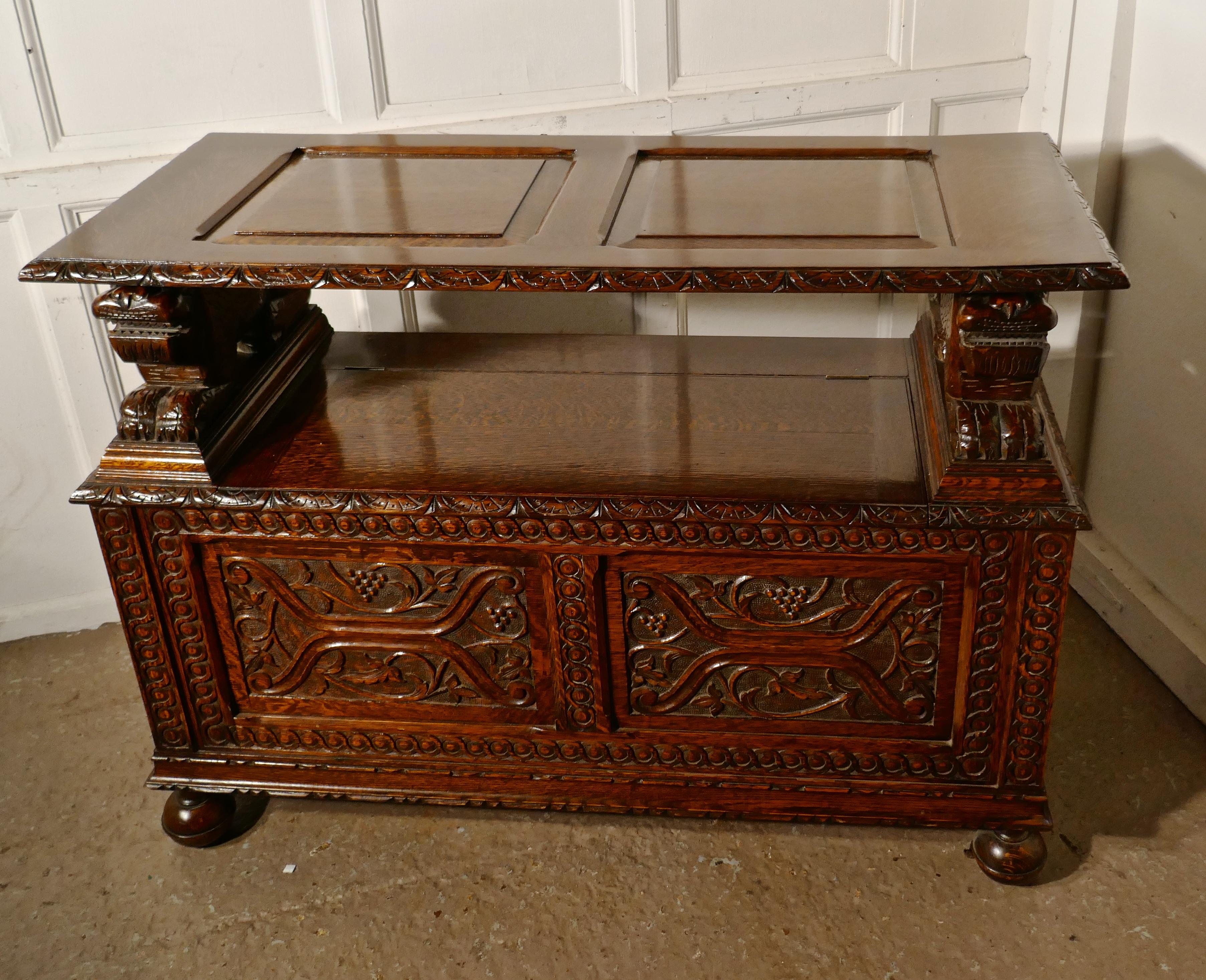 19th Century Carved Oak Monks Bench Settle, Hall Table 4