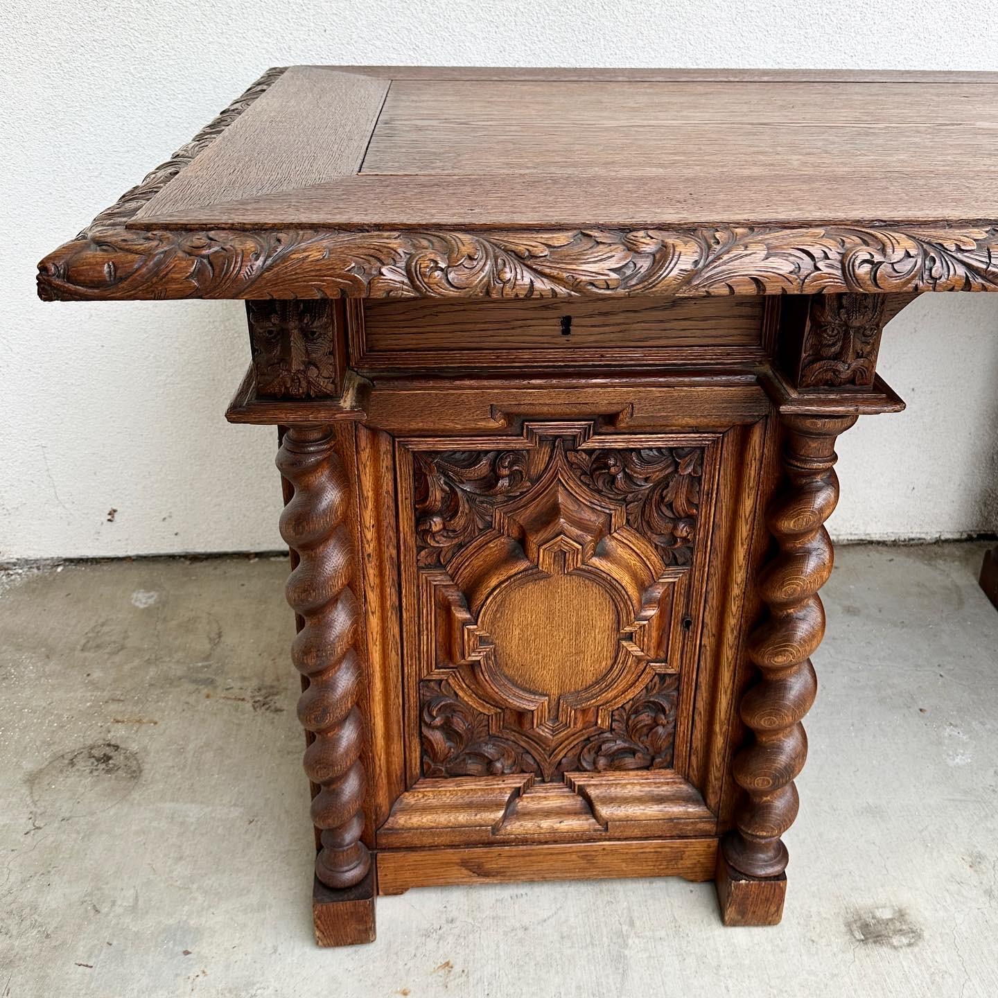 Carved 19th Century carved oak partners desk For Sale