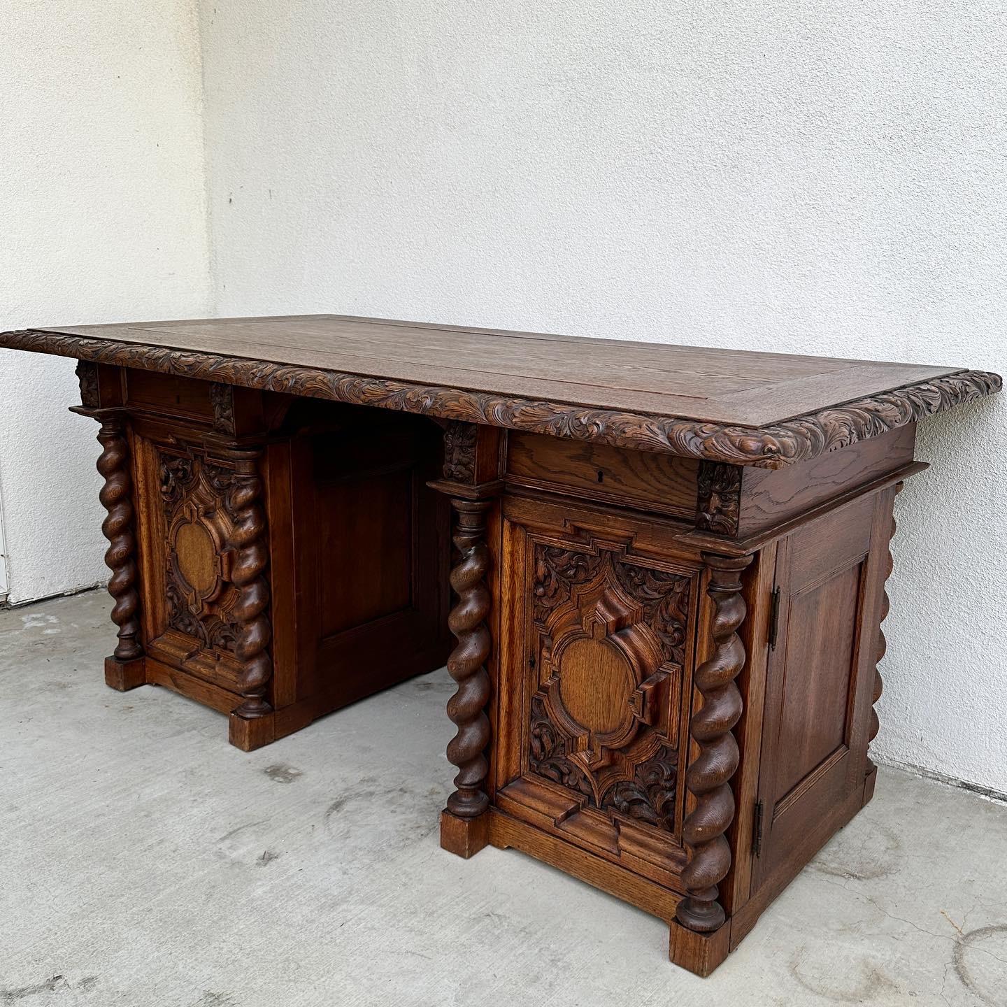 Wood 19th Century carved oak partners desk For Sale