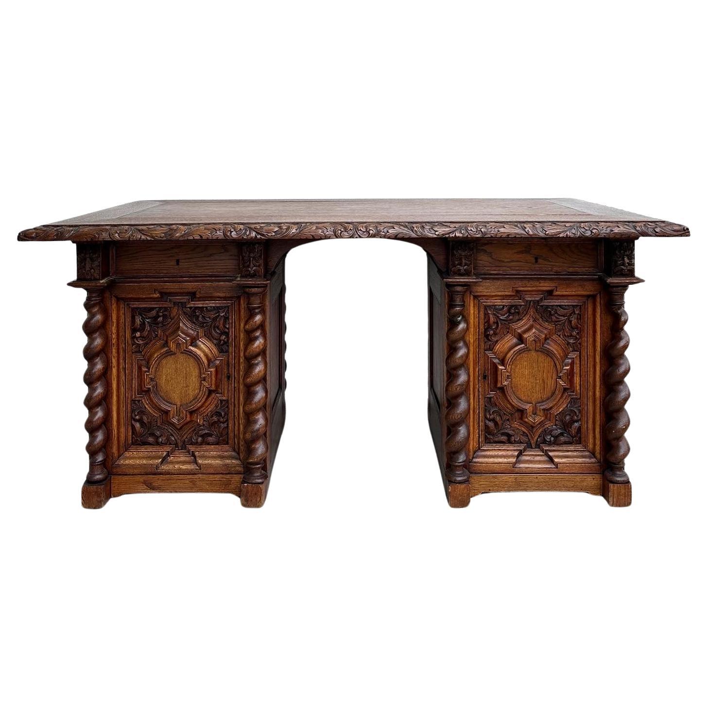 19th Century carved oak partners desk For Sale