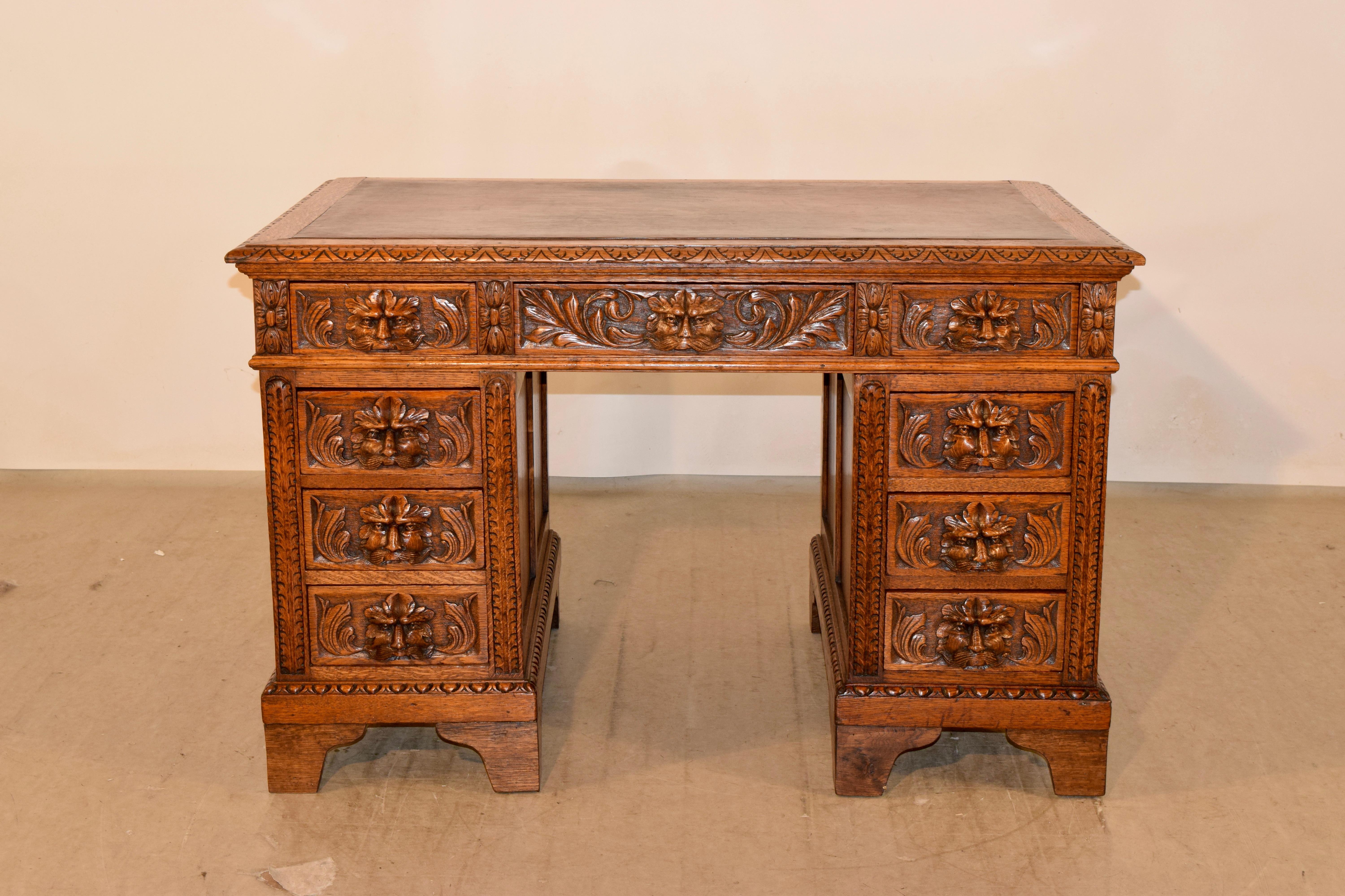 Victorian 19th Century Carved Oak Pedestal Desk For Sale
