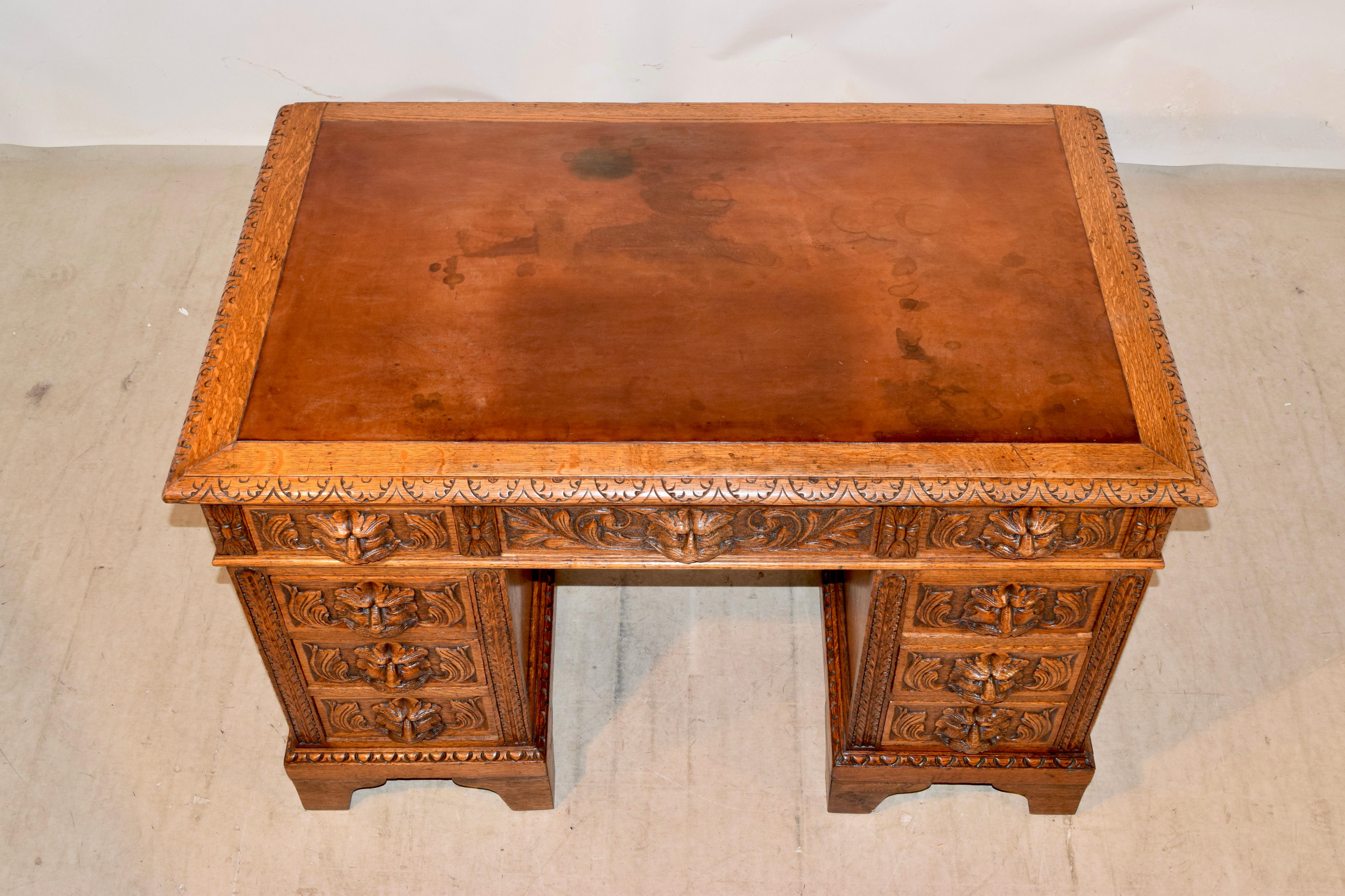 Leather 19th Century Carved Oak Pedestal Desk For Sale