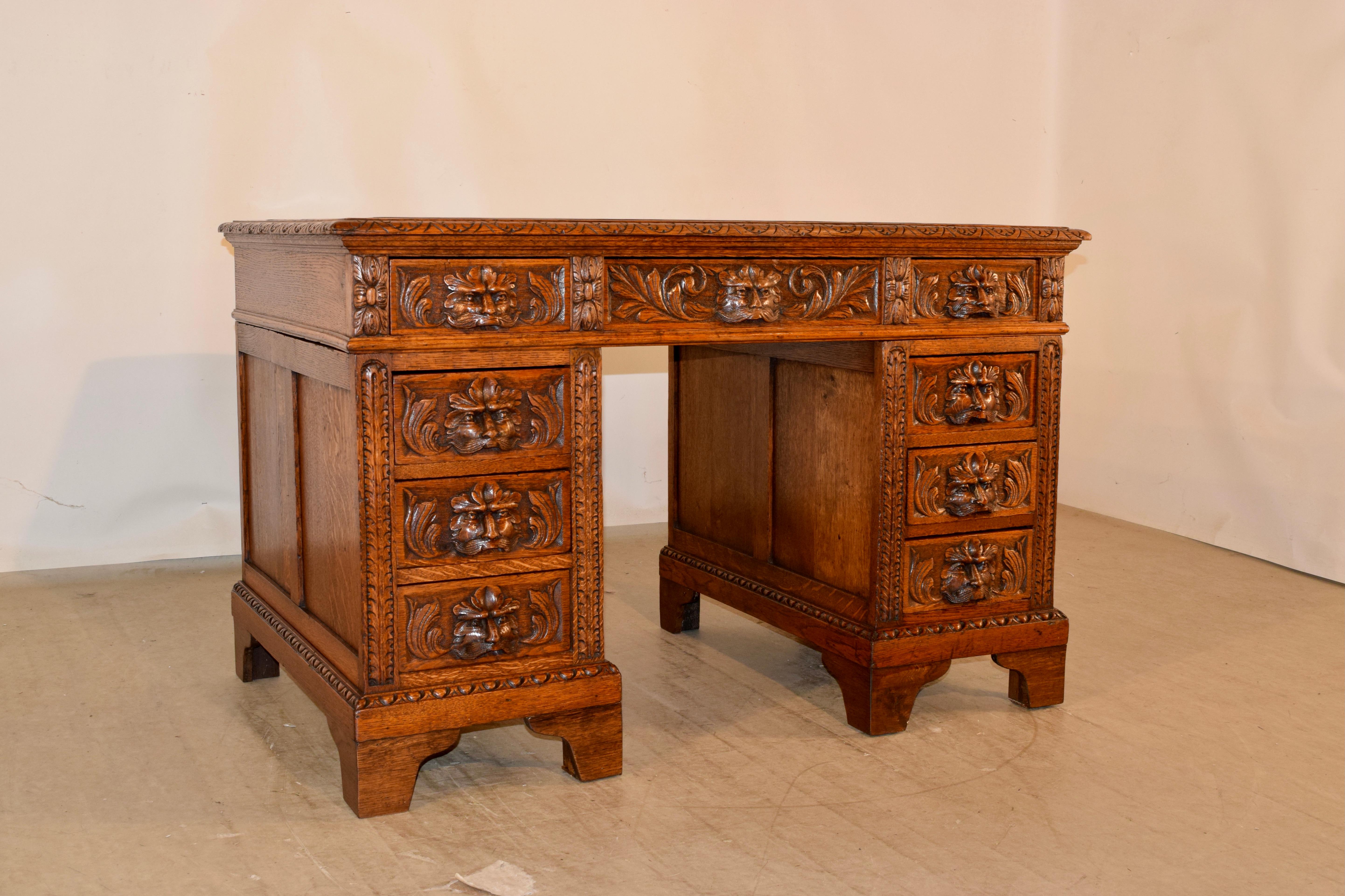 19th Century Carved Oak Pedestal Desk For Sale 1