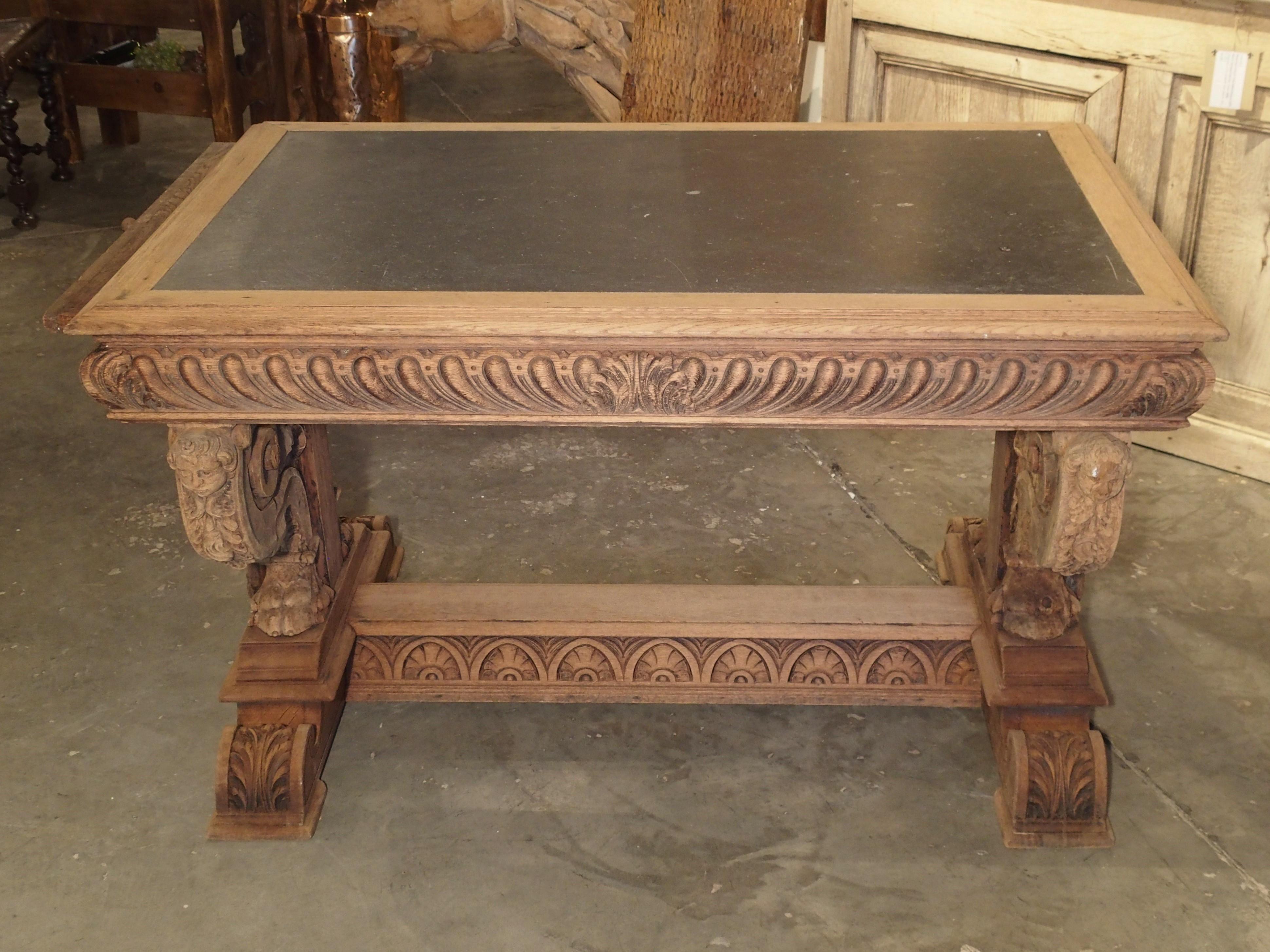 19th Century Carved Oak Renaissance Style Desk with Bluestone Top from France 8