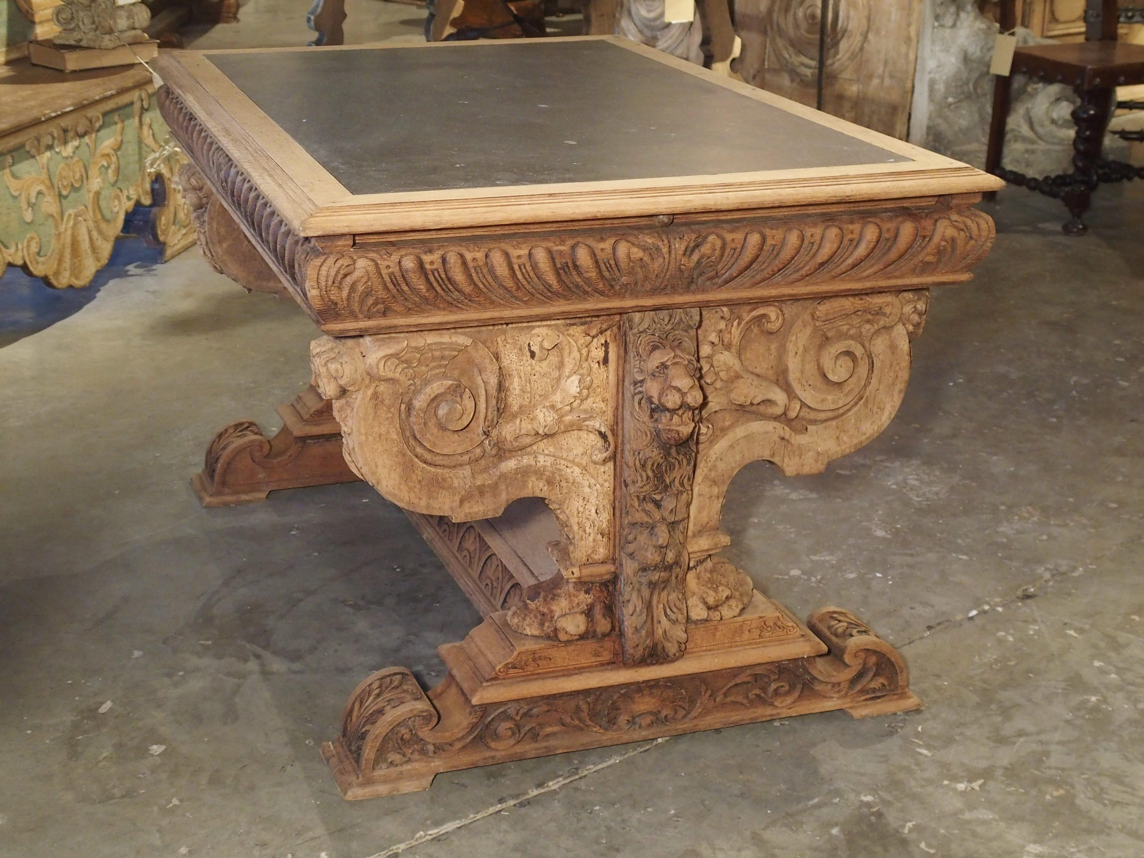 19th Century Carved Oak Renaissance Style Desk with Bluestone Top from France 9