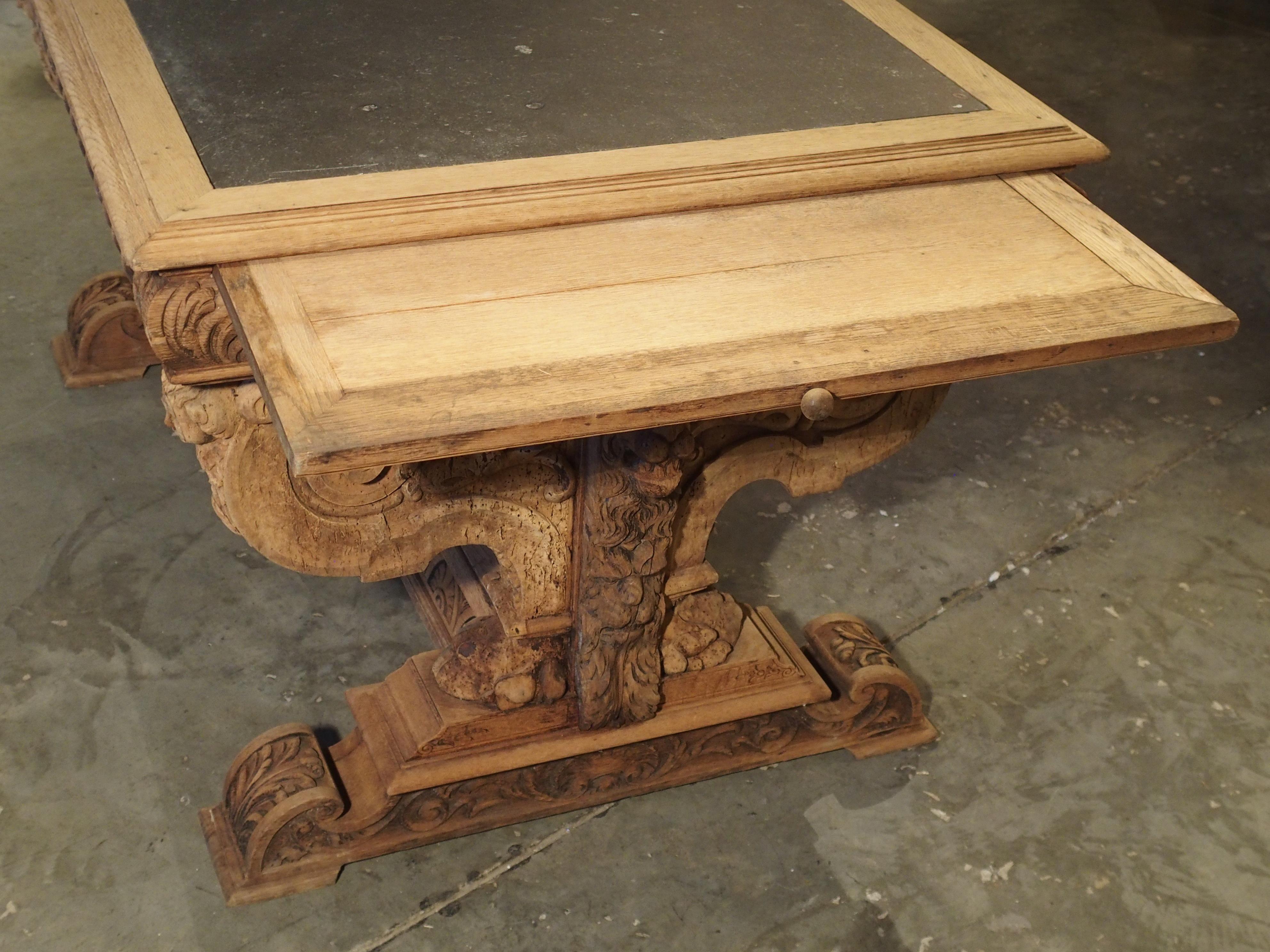 19th Century Carved Oak Renaissance Style Desk with Bluestone Top from France 13