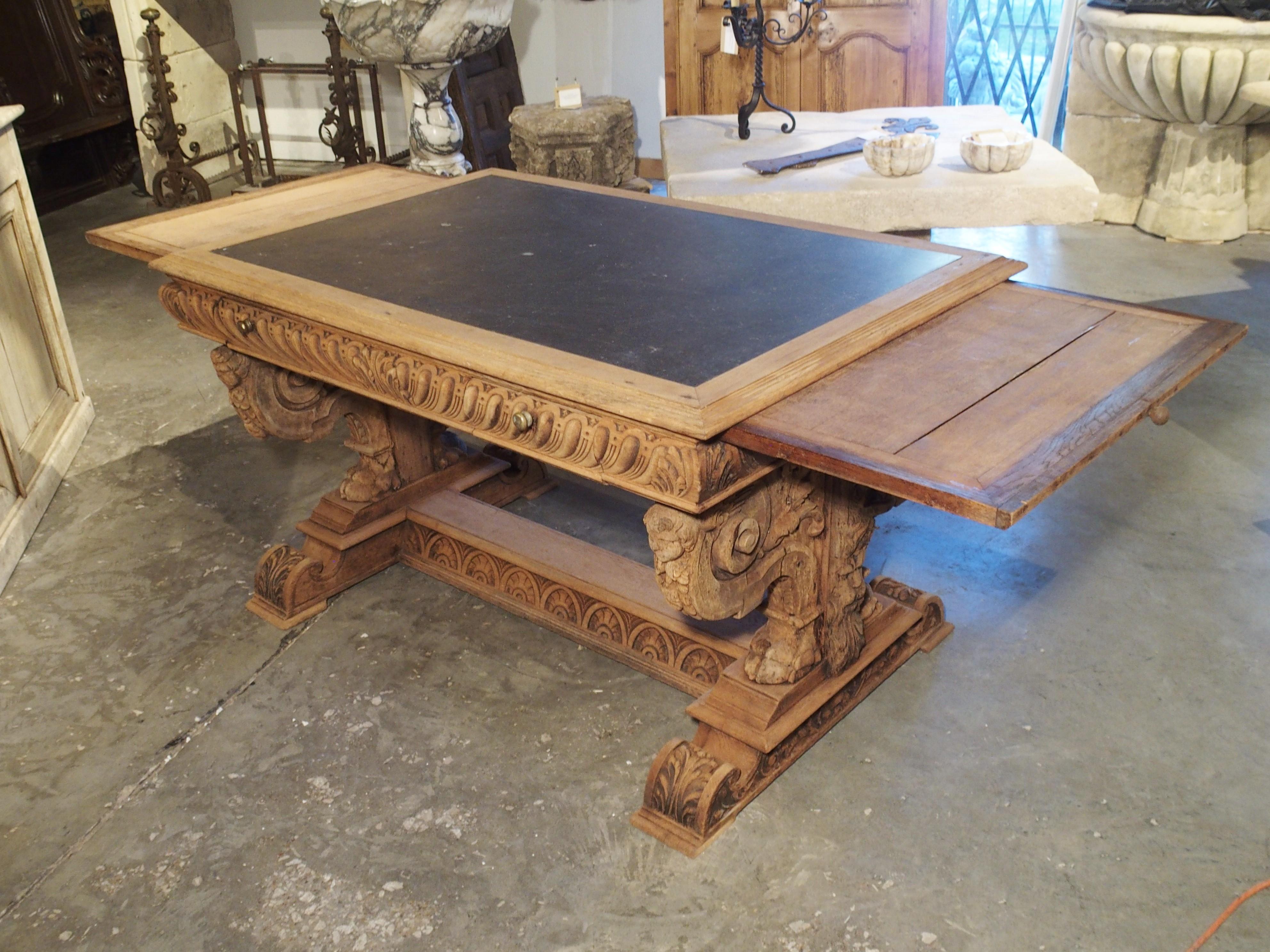 19th Century Carved Oak Renaissance Style Desk with Bluestone Top from France 14