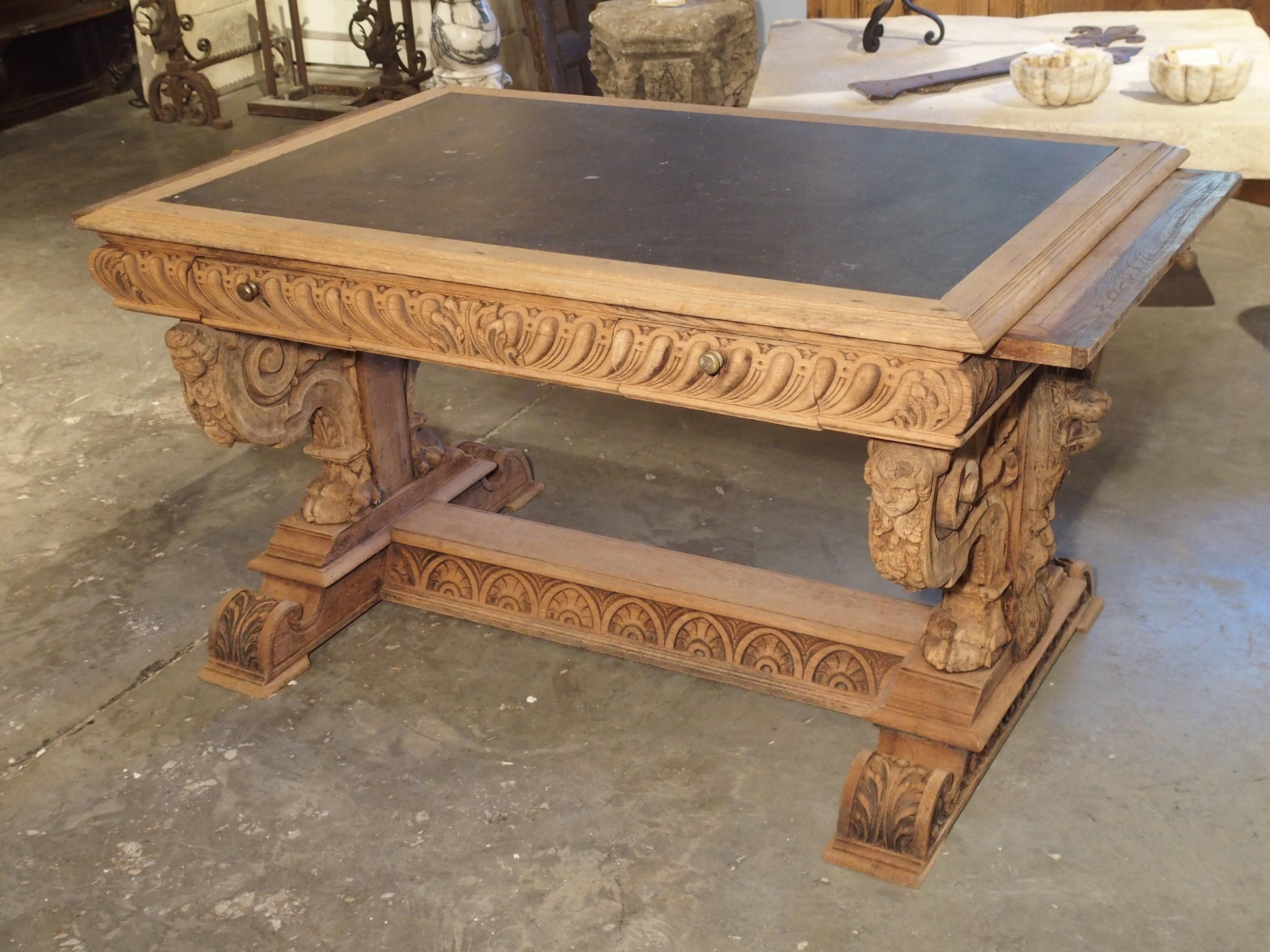 19th Century Carved Oak Renaissance Style Desk with Bluestone Top from France 15