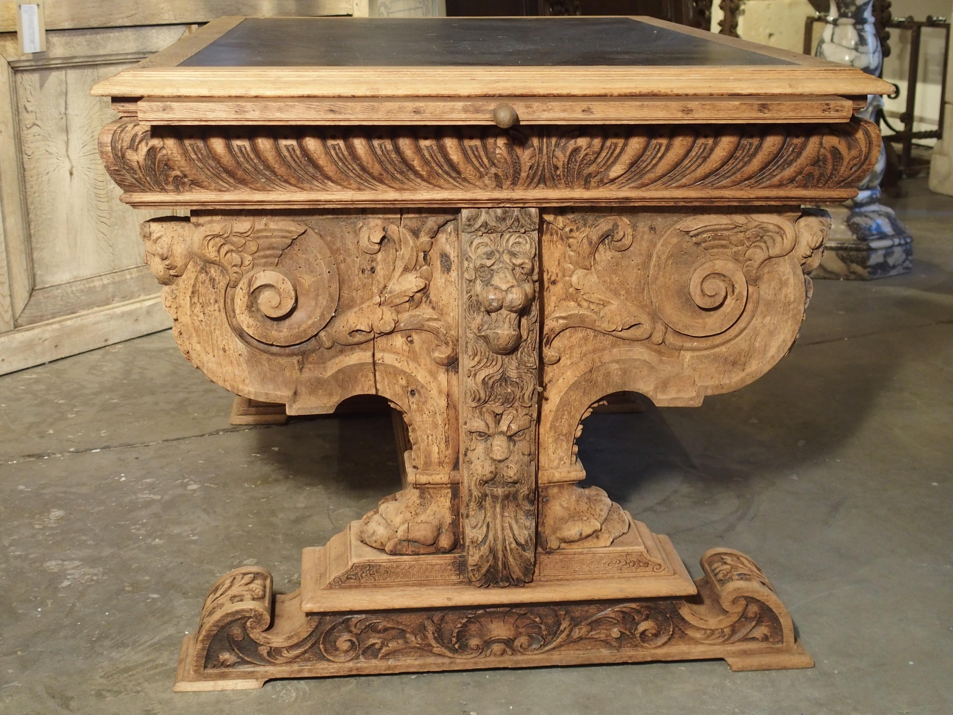 French 19th Century Carved Oak Renaissance Style Desk with Bluestone Top from France