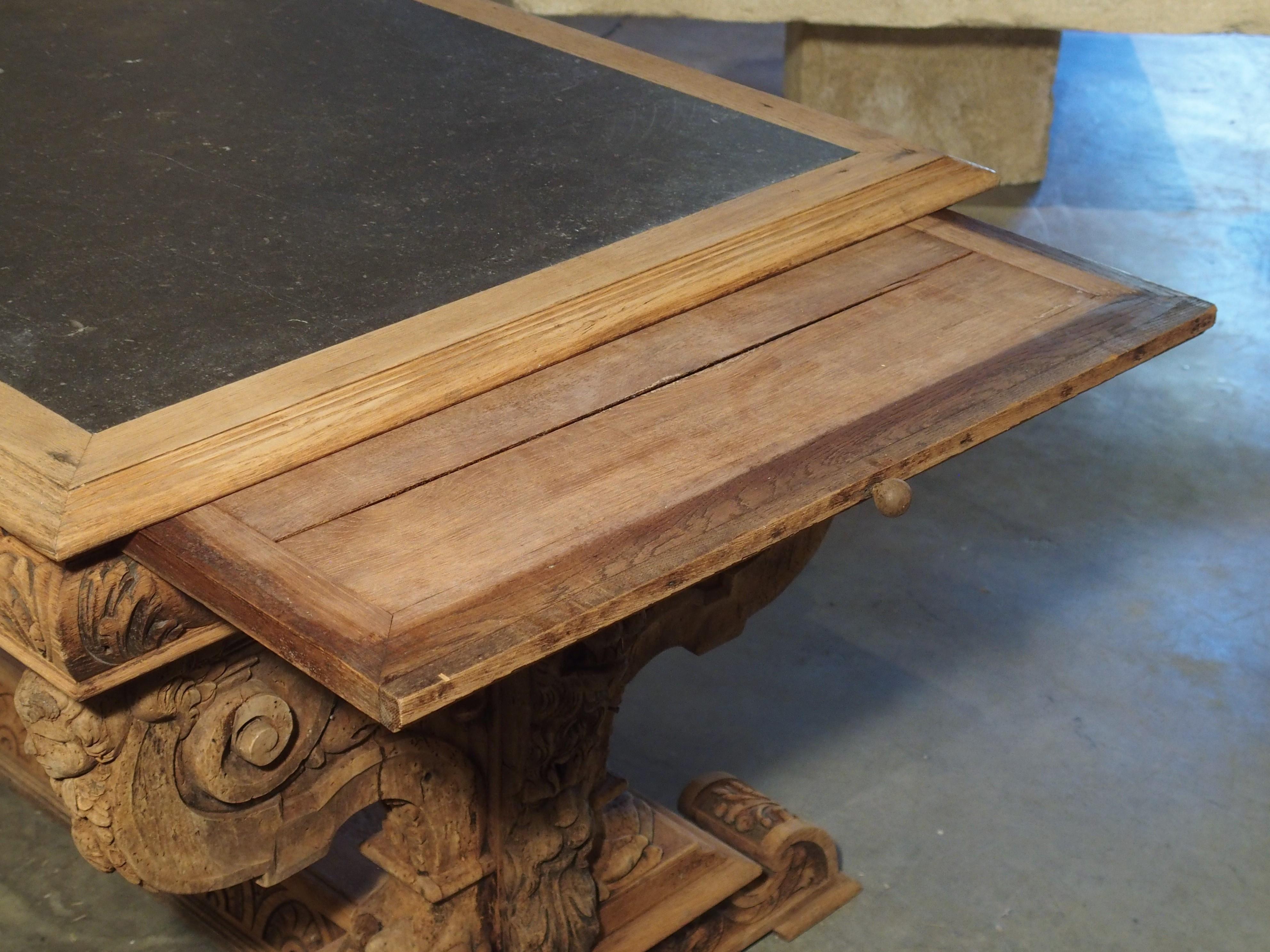 19th Century Carved Oak Renaissance Style Desk with Bluestone Top from France 1