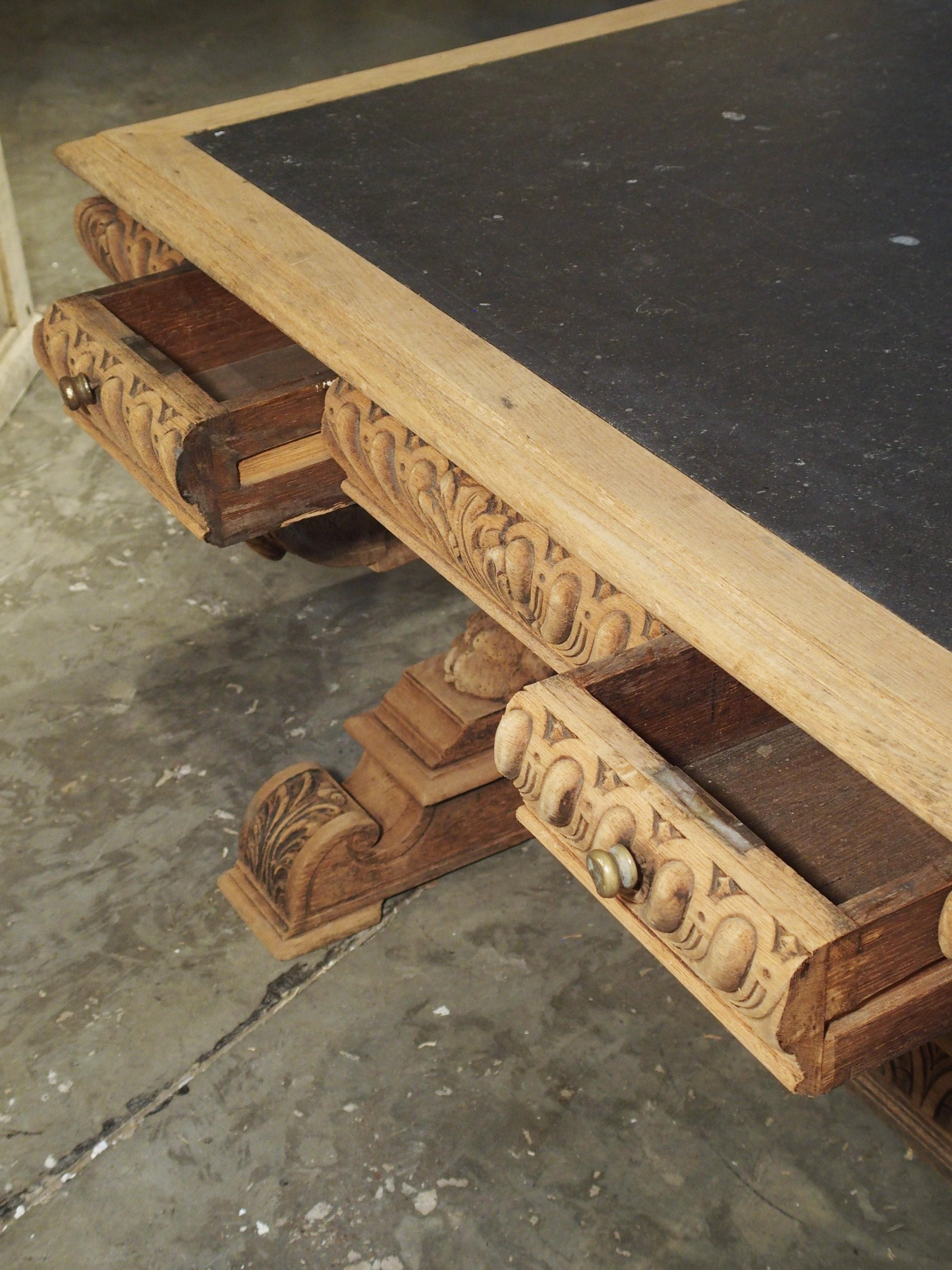 19th Century Carved Oak Renaissance Style Desk with Bluestone Top from France 3