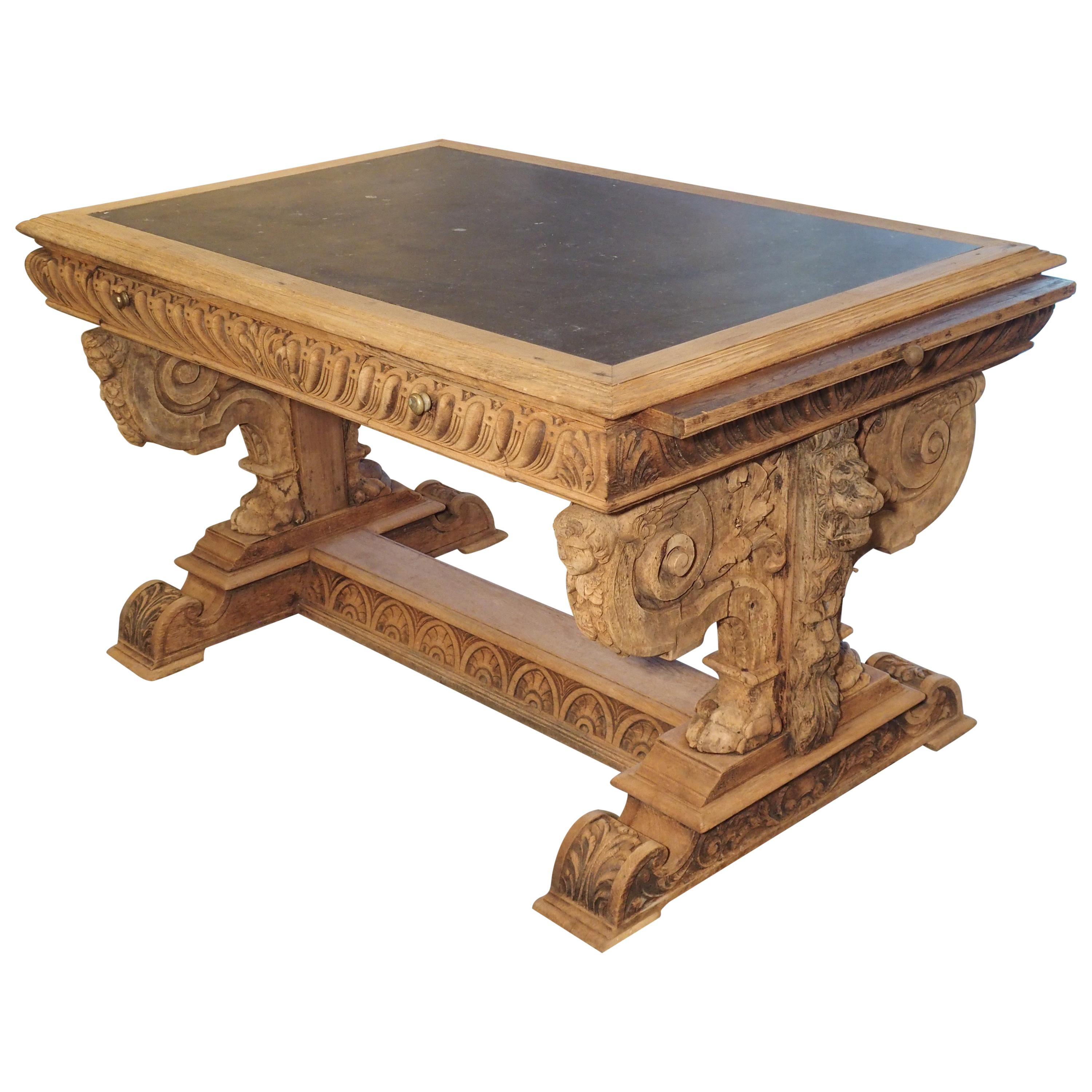 19th Century Carved Oak Renaissance Style Desk with Bluestone Top from France