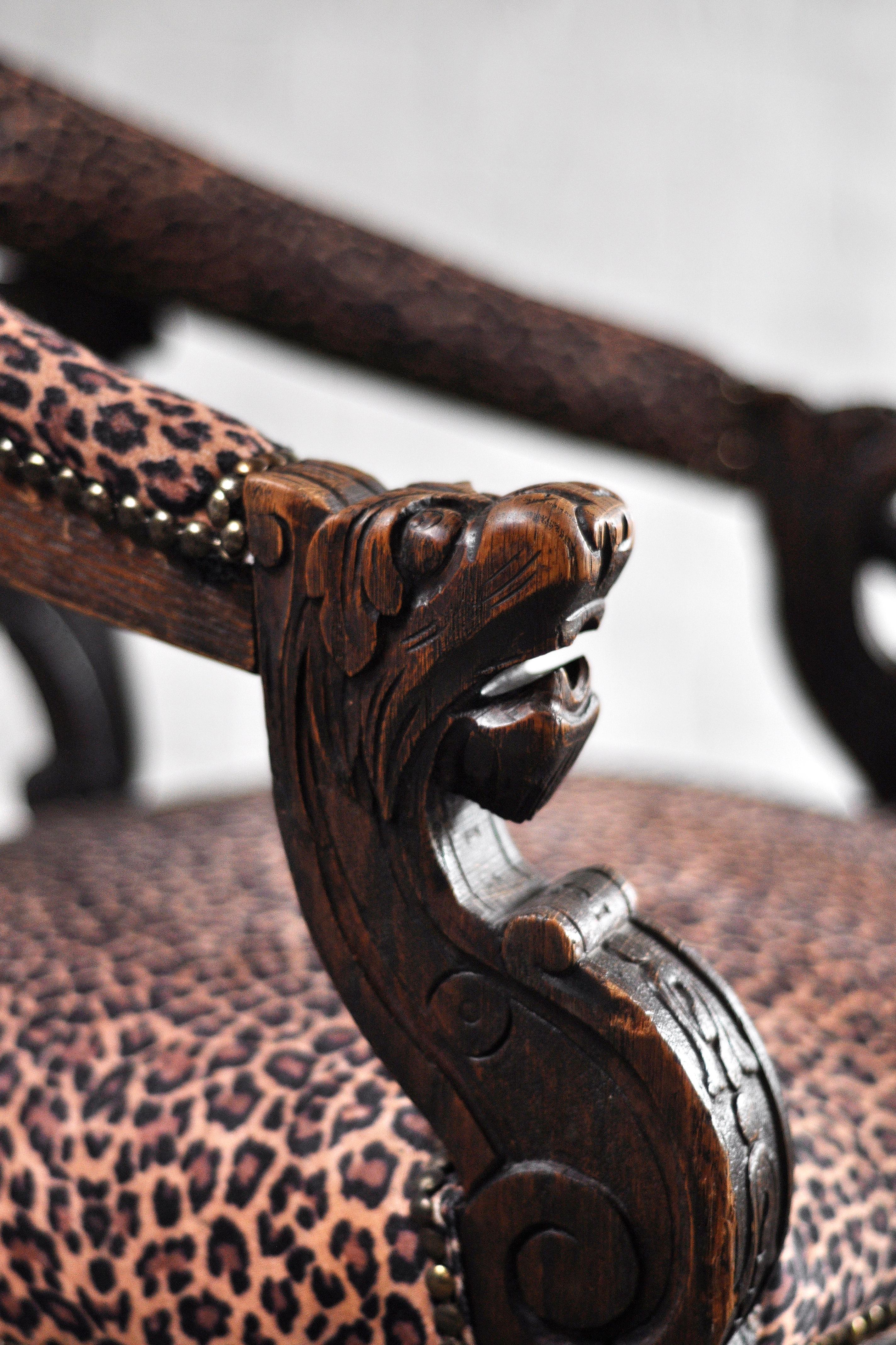19th Century Carved Oak Tub Chairs with Leopard Print Upholstery, Set of 2 For Sale 4