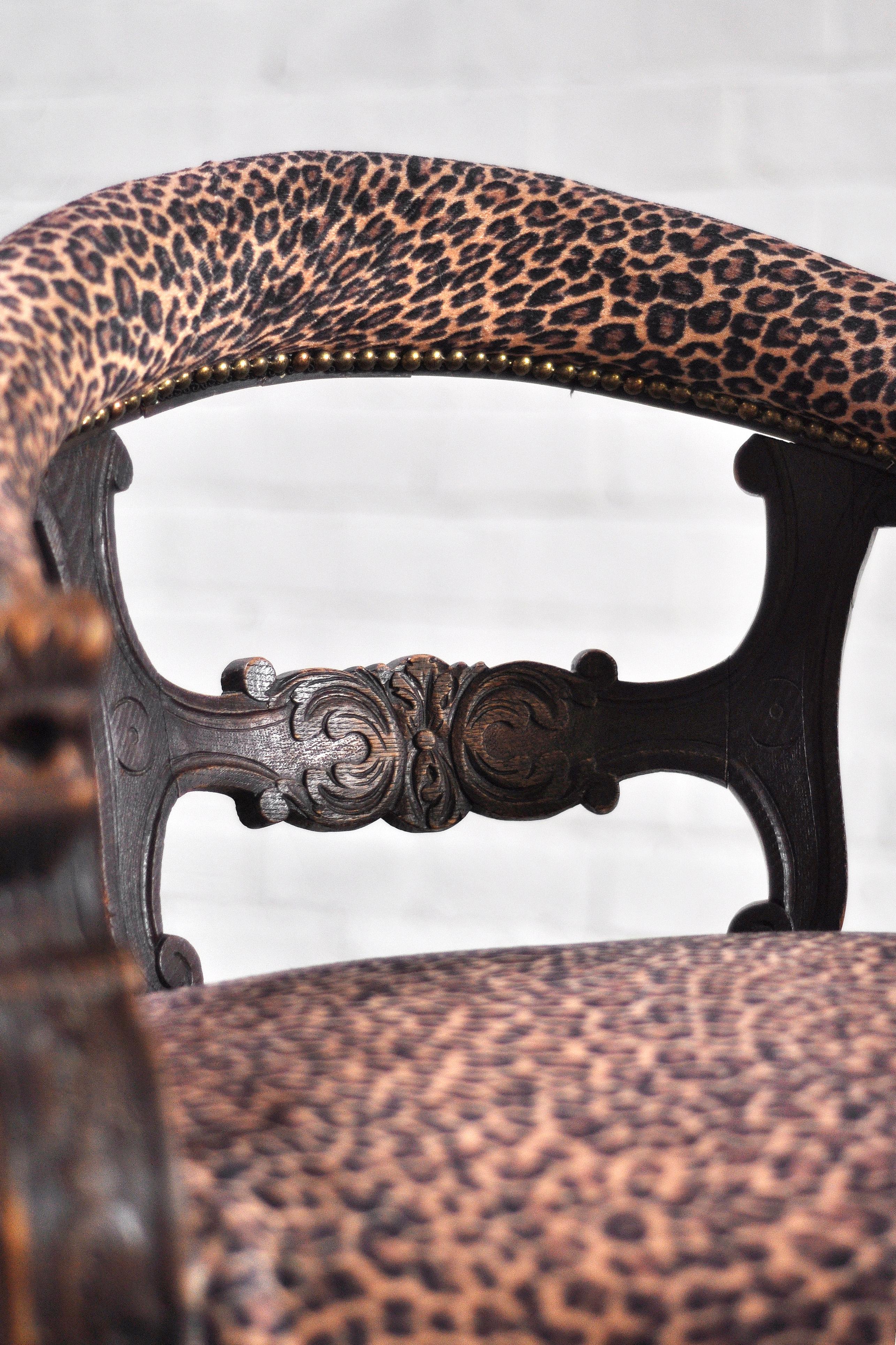 19th Century Carved Oak Tub Chairs with Leopard Print Upholstery, Set of 2 For Sale 5
