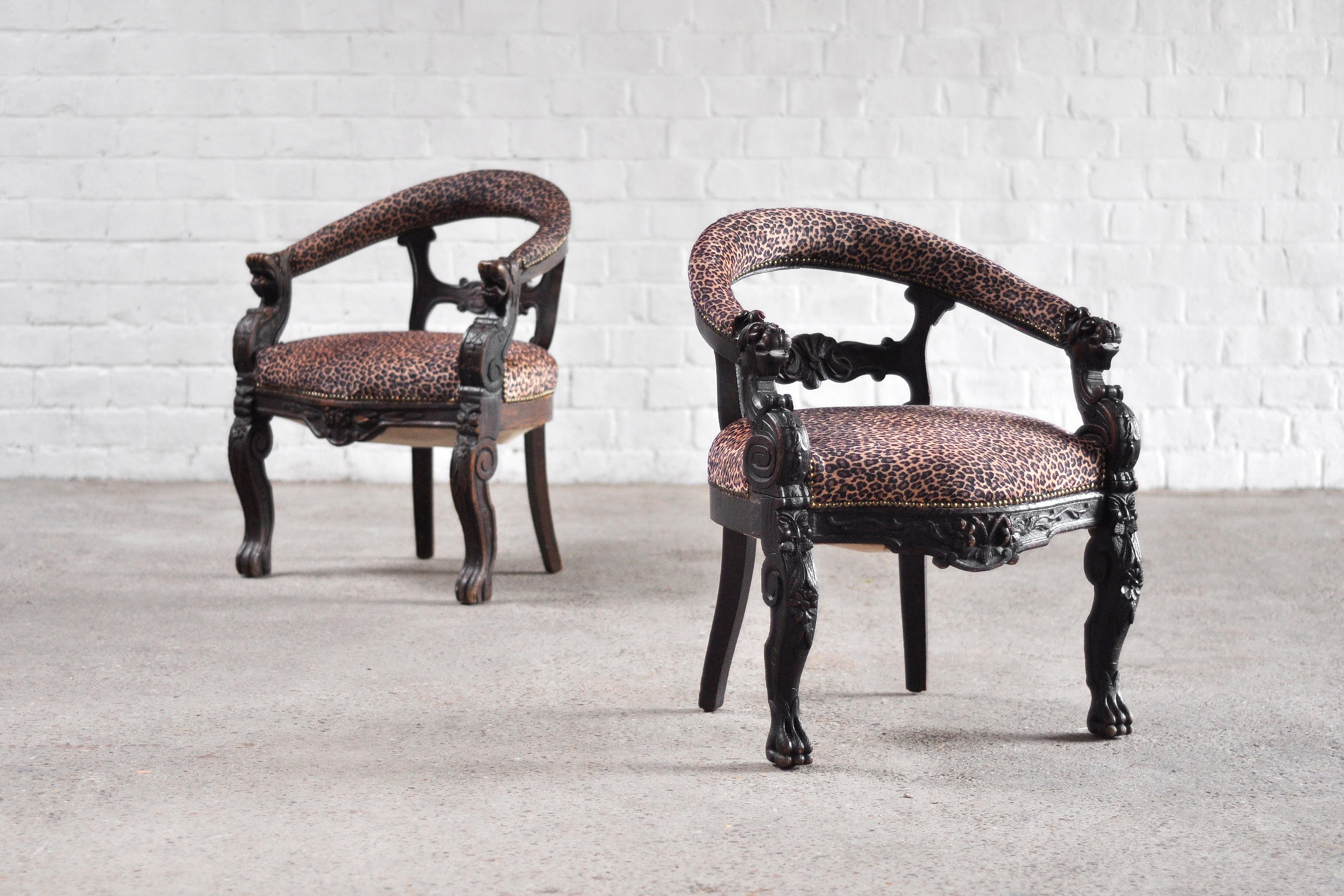 19th Century Carved Oak Tub Chairs with Leopard Print Upholstery, Set of 2 For Sale 6
