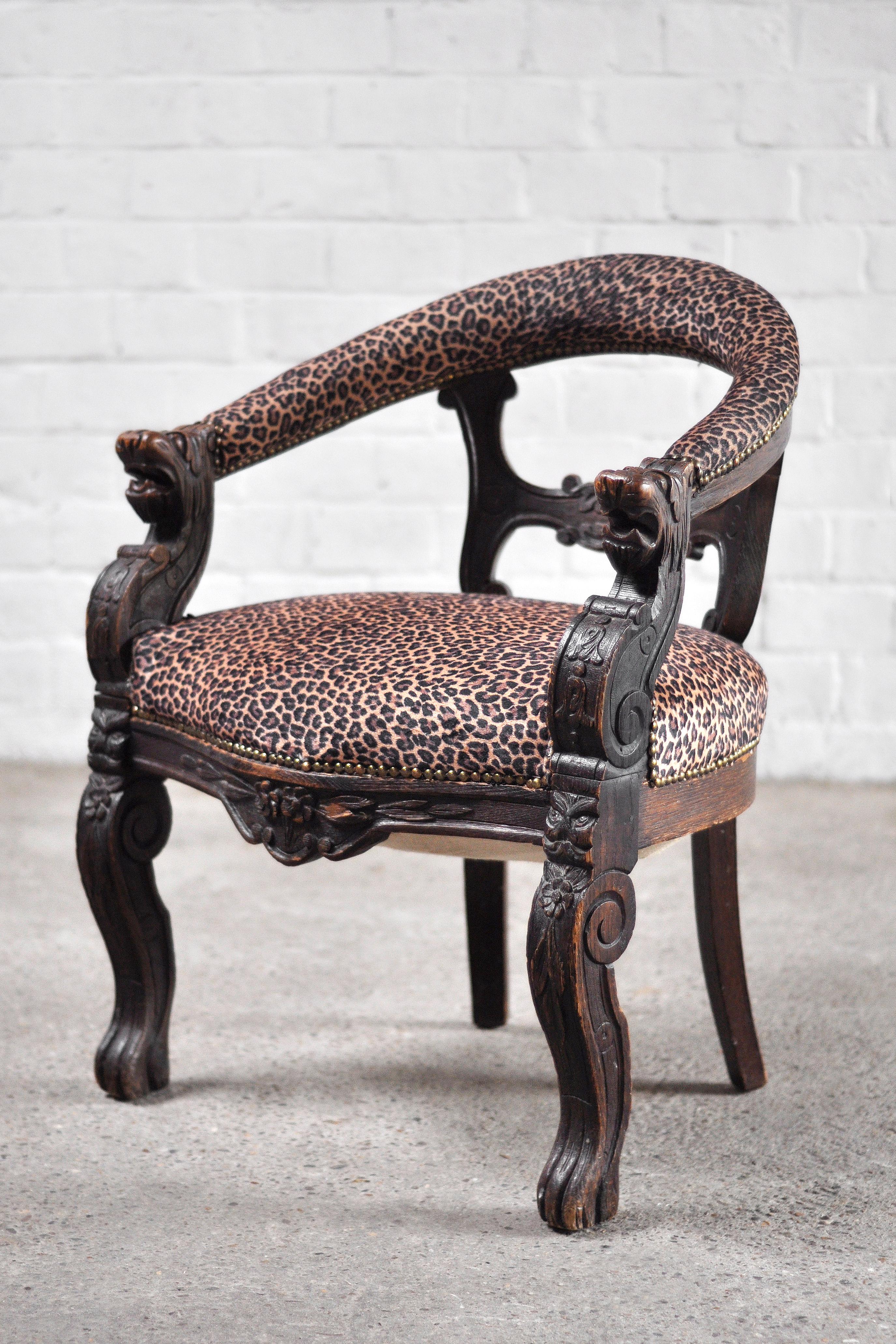 19th Century Carved Oak Tub Chairs with Leopard Print Upholstery, Set of 2 For Sale 7
