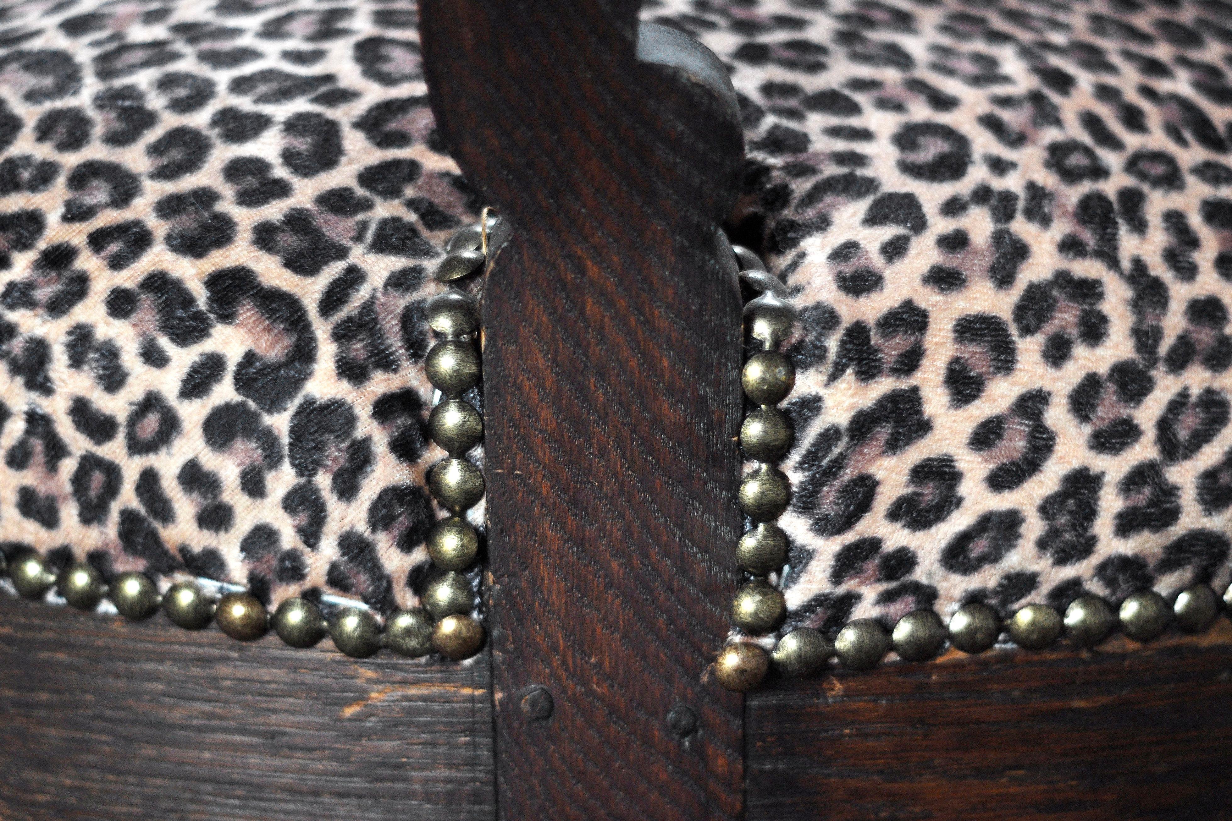 19th Century Carved Oak Tub Chairs with Leopard Print Upholstery, Set of 2 For Sale 9
